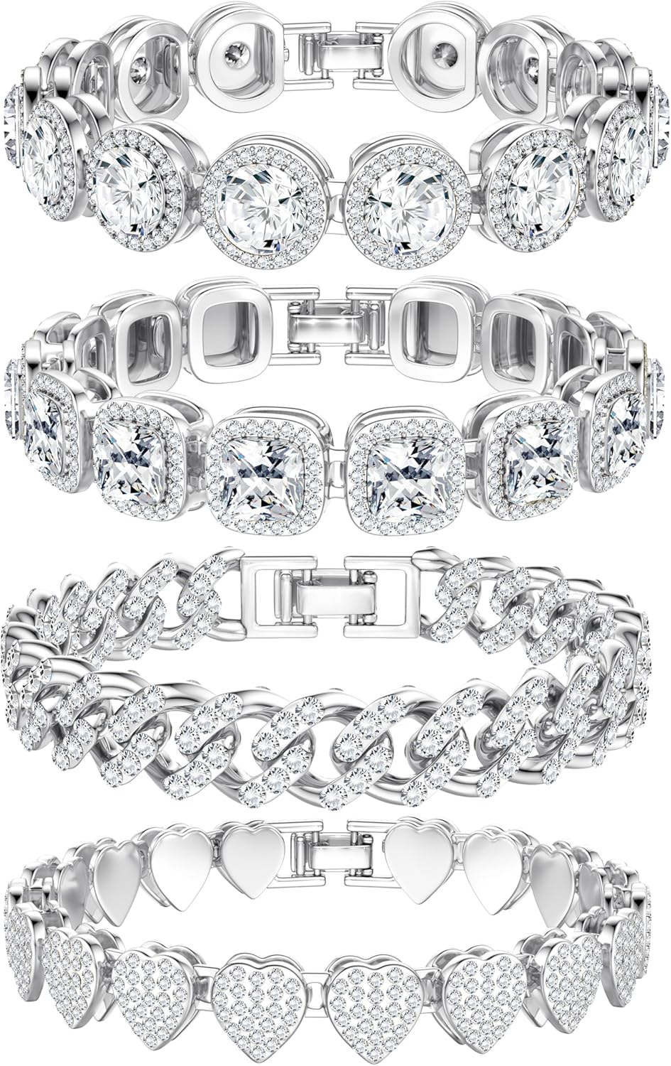 TEN MIRO Silver Plated Bracelets for Women,Silver Tennis Bracelets for Women Non Tarnish Heart Round Square Cuban Bracelet stack Layered Link Bracelet Set Fashion Jewelry for Women or Men