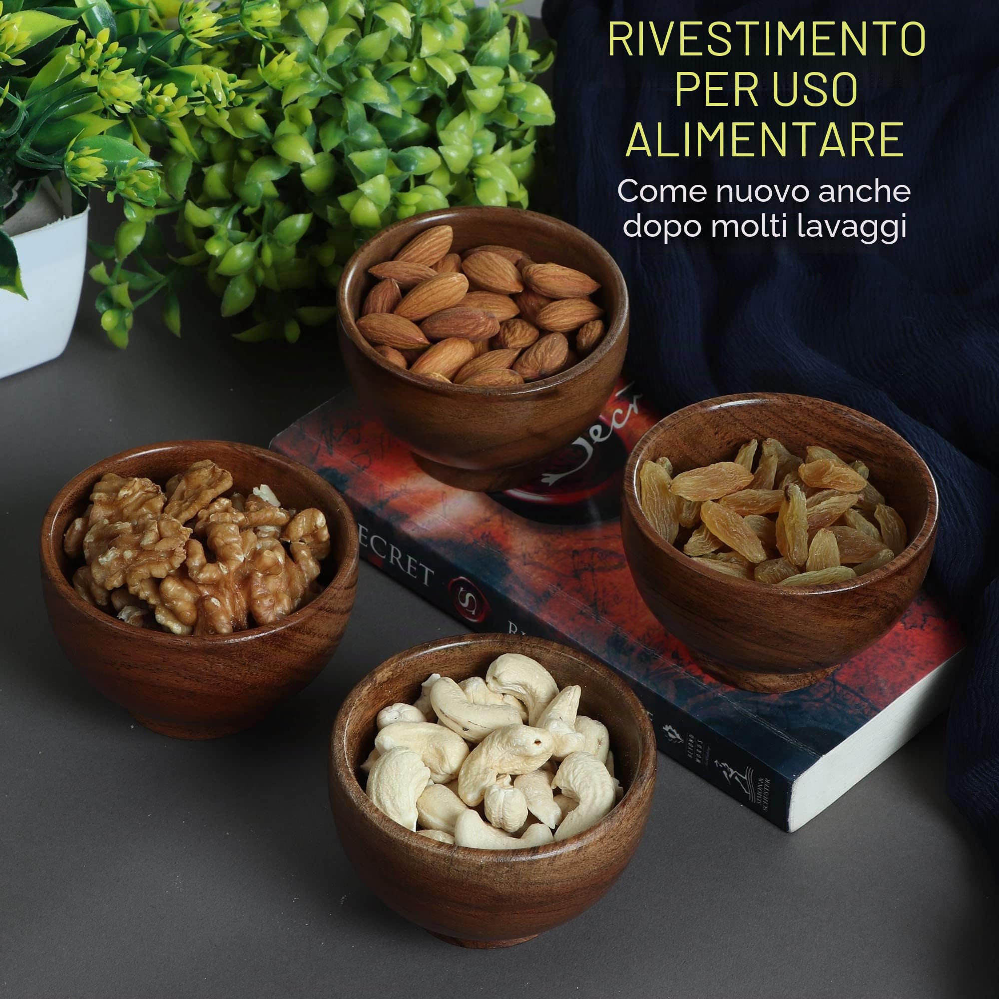 Set di 6 ciotole piccole in legno di acacia | 120 ml ciascuno | Tazze da cucina in legno per servire salse, salse, noci, caramelle e condimenti | Mini tazze carine | 13x5 cm