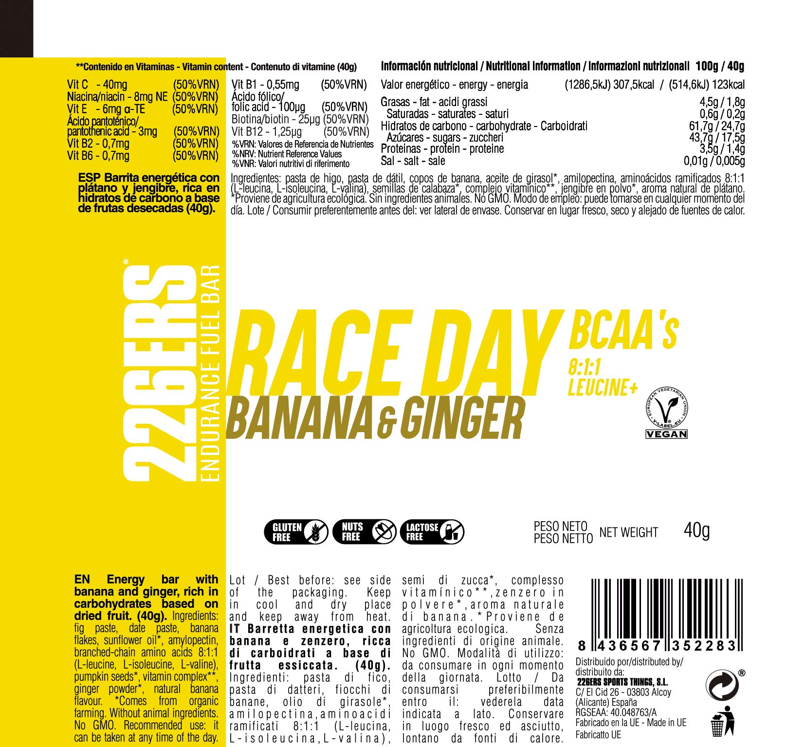 226ERS Endurance Fuel Bar Race Day | Barres Energétiques Végane pour une Meilleure Endurance avec BCAA's 8:1:1 et Vitamines, Banane et Gingembre - 30 barres x 40gr