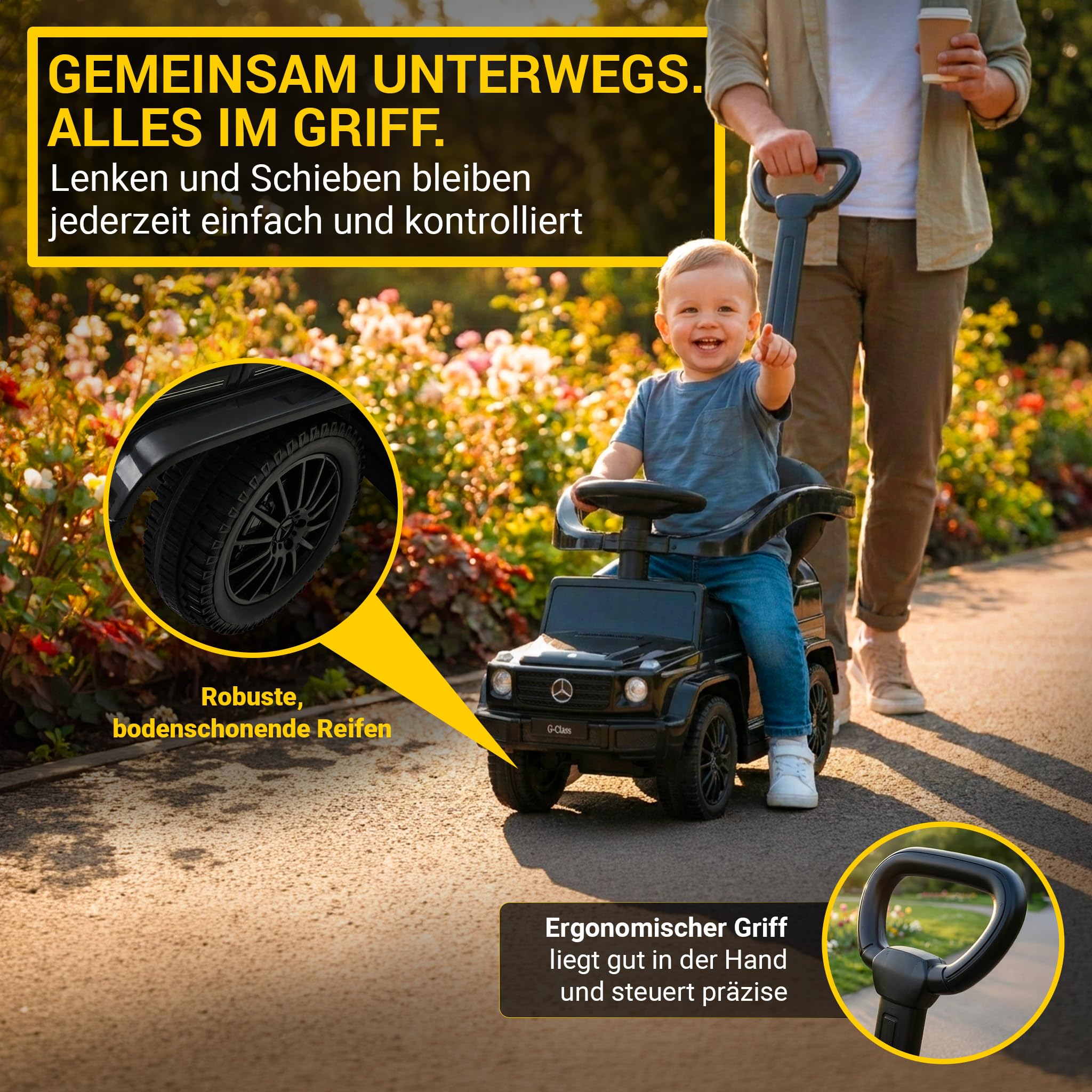 Actionbikes Motors Lauflernwagen Mercedes G350d | Rutschauto mit Schiebestange Schutzbügel Sonnendach - Kinderauto - Rutschfahrzeug - Laufrad - Gehwagen - Kinderfahrzeuge ab 1 Jahr (Schwarz 3in1)