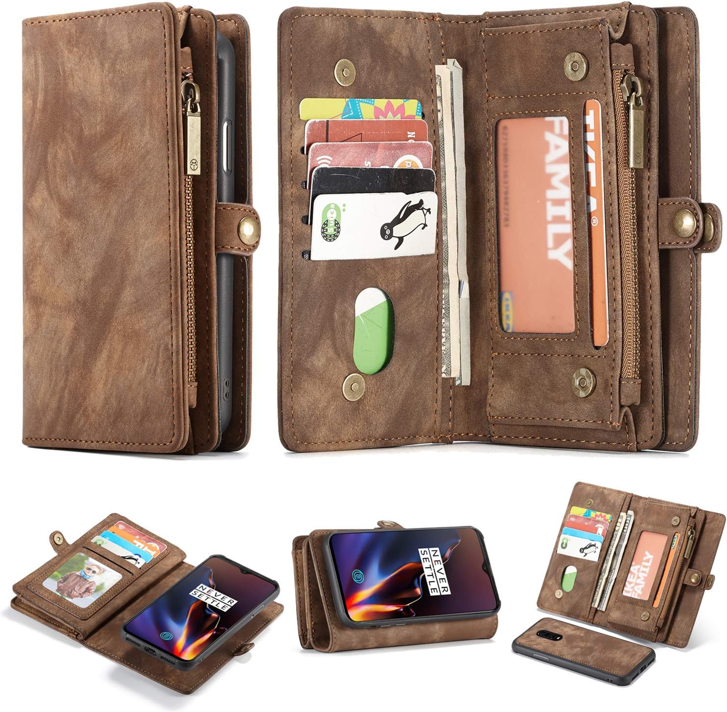 Simicoo OnePlus 7 Leather Wallet Zipper Purse Detachable Card Slots Holder Flip Case Magnetic Wrist Strap Handle Shockproof Cover Pocket Wallet Handbag for OnePlus 7 1+7 (Brown, OnePlus 7)