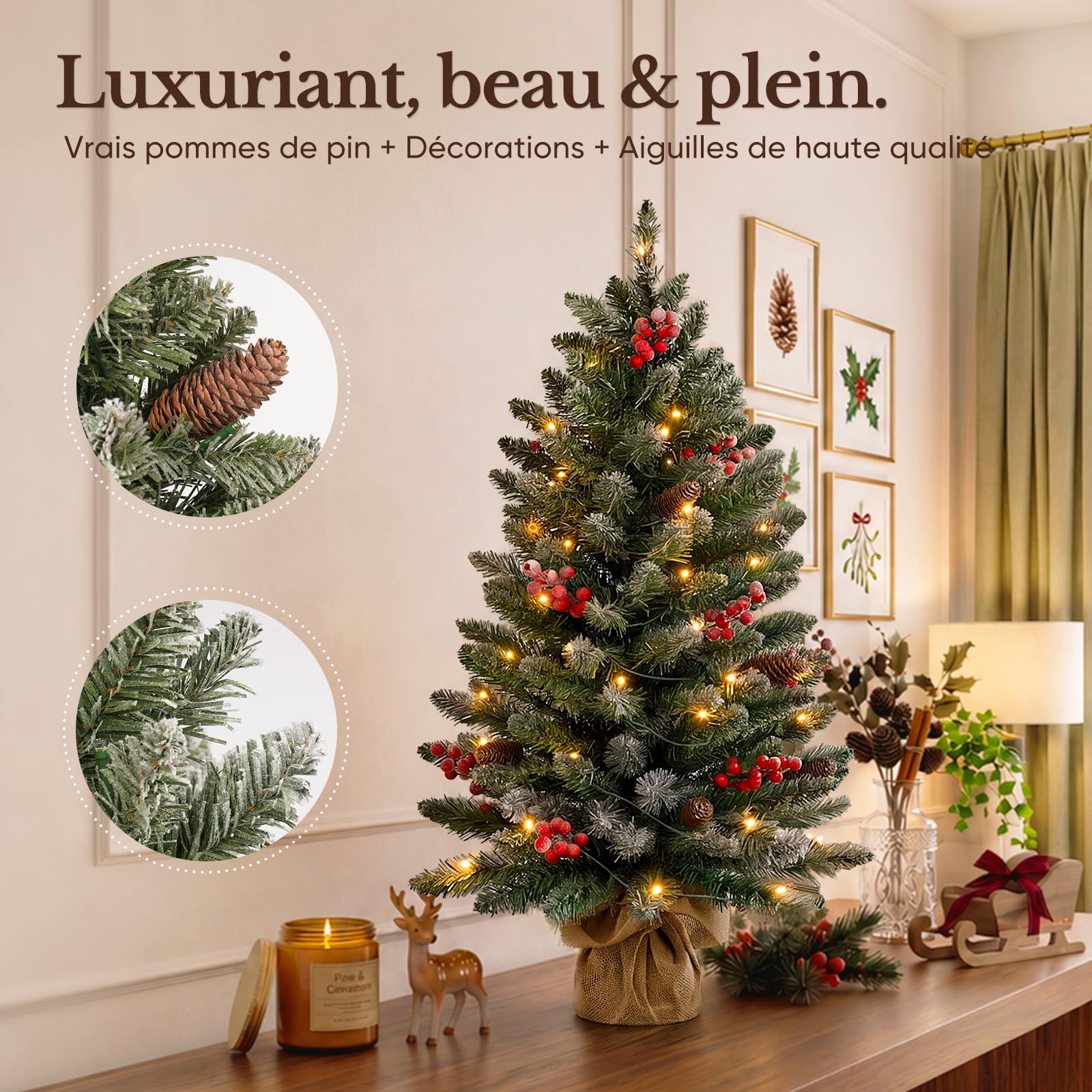 HOKEEPER Sapin de Noël artificiel 90 cm avec LED et baies | Sapin de Noël artificiel avec pommes de pin, montage facile, support stable, festif