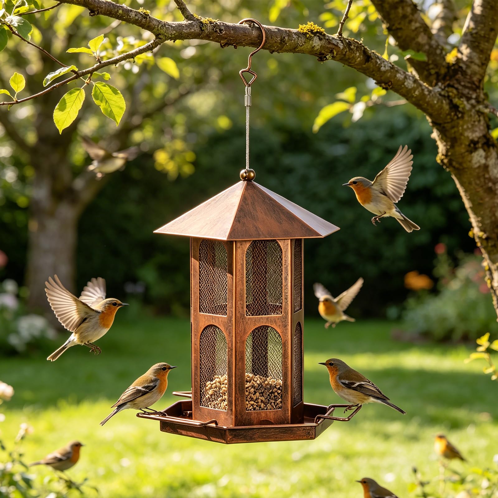 Mangiatoia per uccelli in rete per l ' alimentazione degli uccelli selvatici, supporto per alimenti sospeso con tetto e vassoio per trespolo per alberi da giardino o da patio, 19 cm / 7, 48 X 25