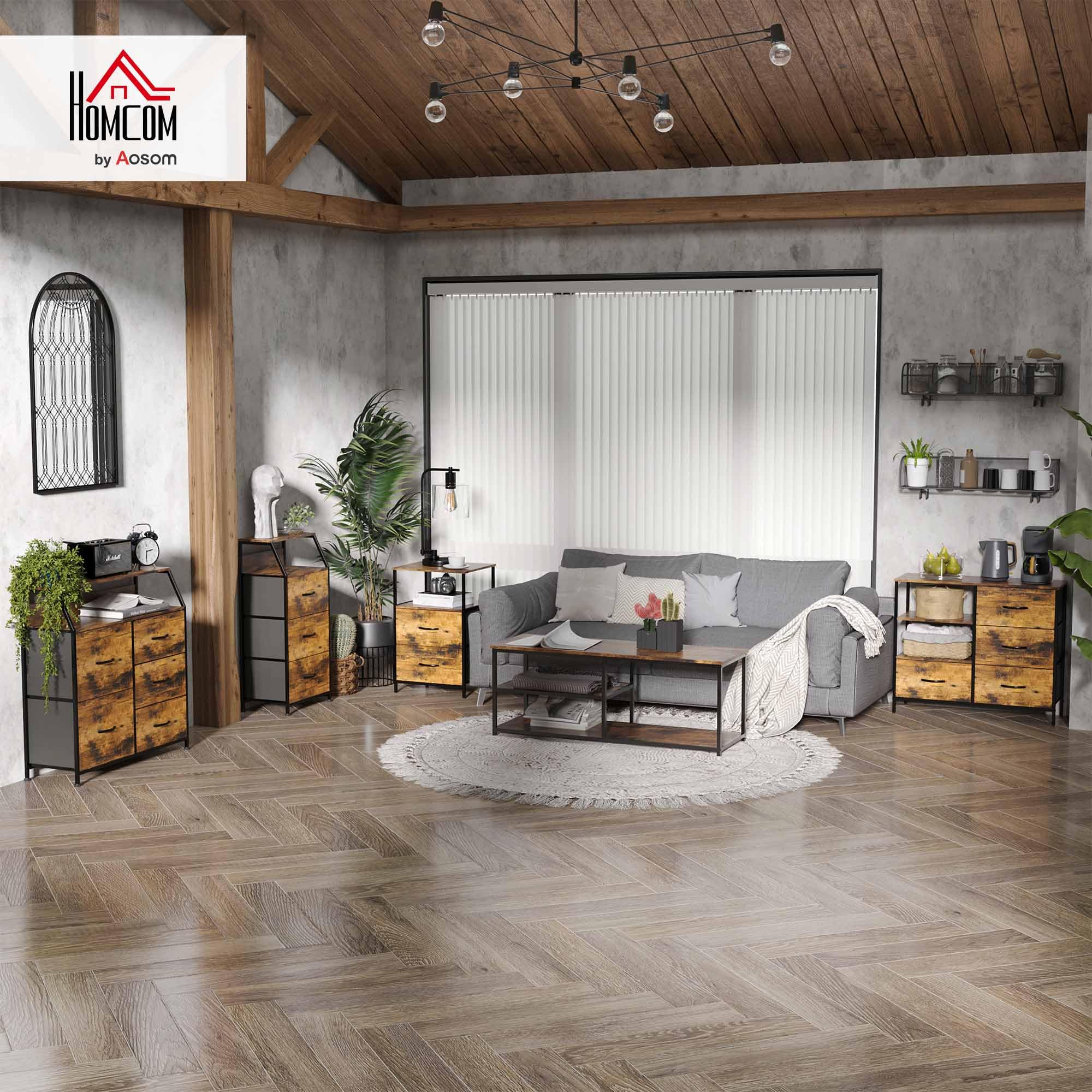 HOMCOM Table de Chevet 3 Tiroirs Tissus Style Industriel 44 x 29 x 92 cm | Table d'appoint, Petit Meuble de Rangement, Commode en Bois et métal