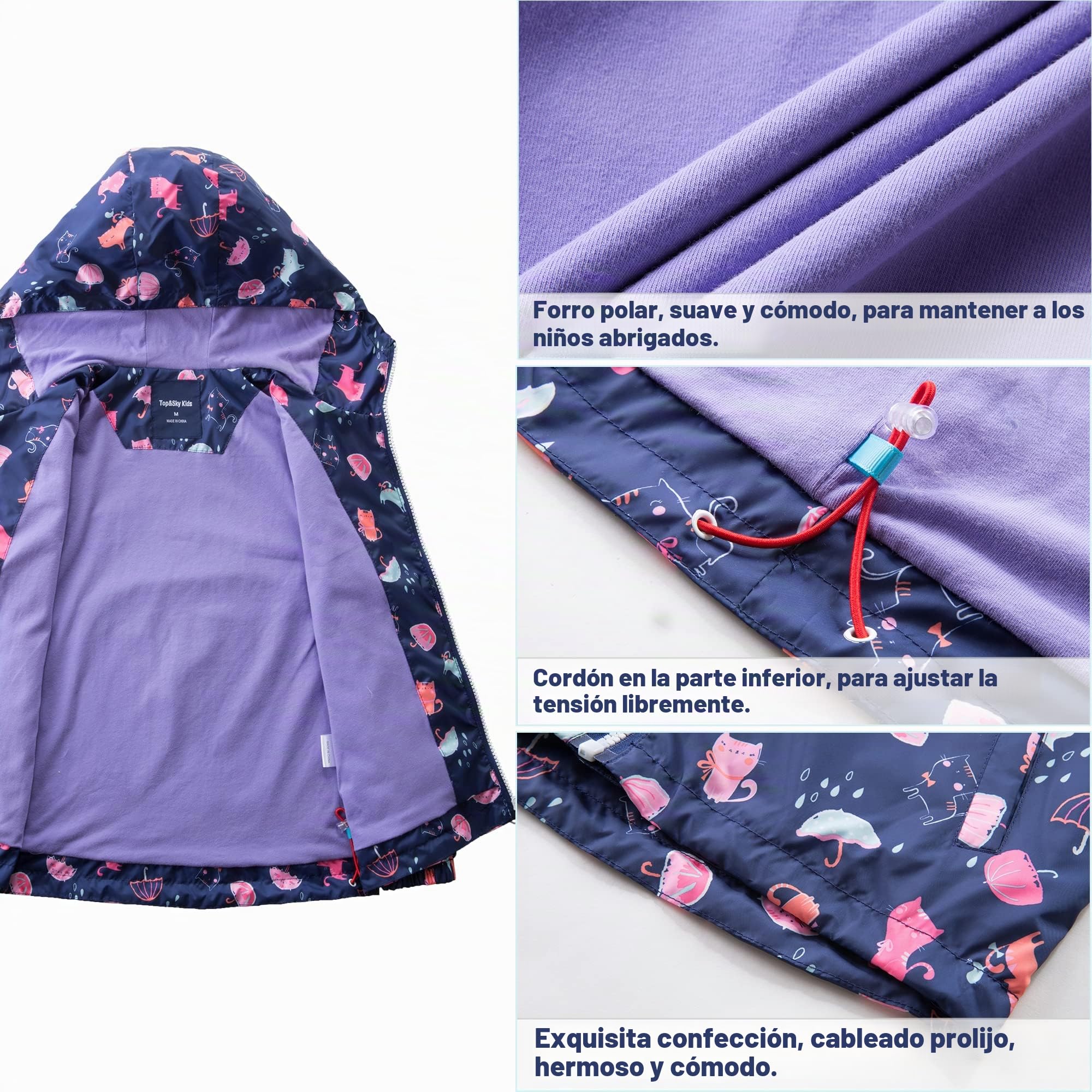 Fewlby Chaqueta Impermeable con Capucha para Niña, Cortavientos con Forro Polar Ligera Abrigo Prueba de Viento Chubasquero Primavera Otoño Abrigos Deportivos 3-12 Años