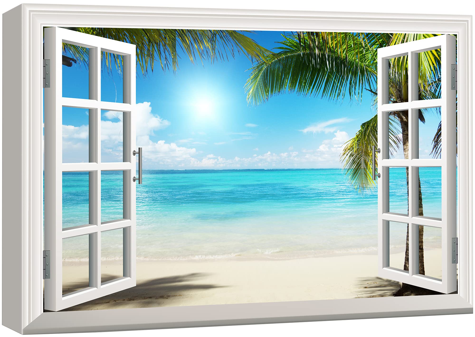 Wall26 Canvas Print Wall Art - Window Frame Style Wall Decor - Beautiful Tropical Beach with White Sand,Clear Sea and Palm Trees | Giclee Print Gallery Wrap Modern Home Decor - 24" x 36"