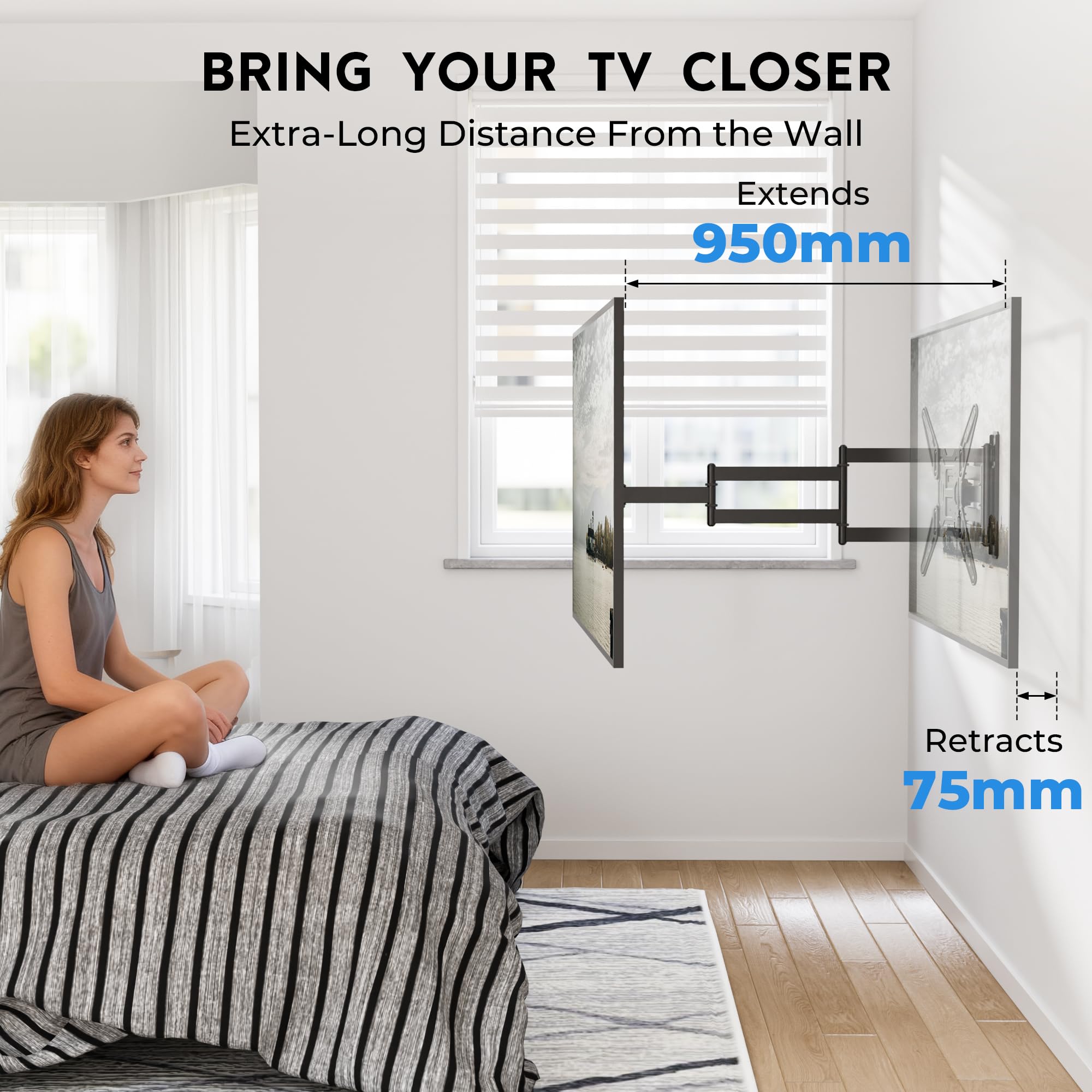 BONTEC Supporto TV da Parete 26-65“, Staffa Orientabile e Inclinabile con Braccio Estensibile 950mm, Design Salvaspazio per Smart TV e Monitor, VESA 400x400mm, Portata 35 kg, con Fascette