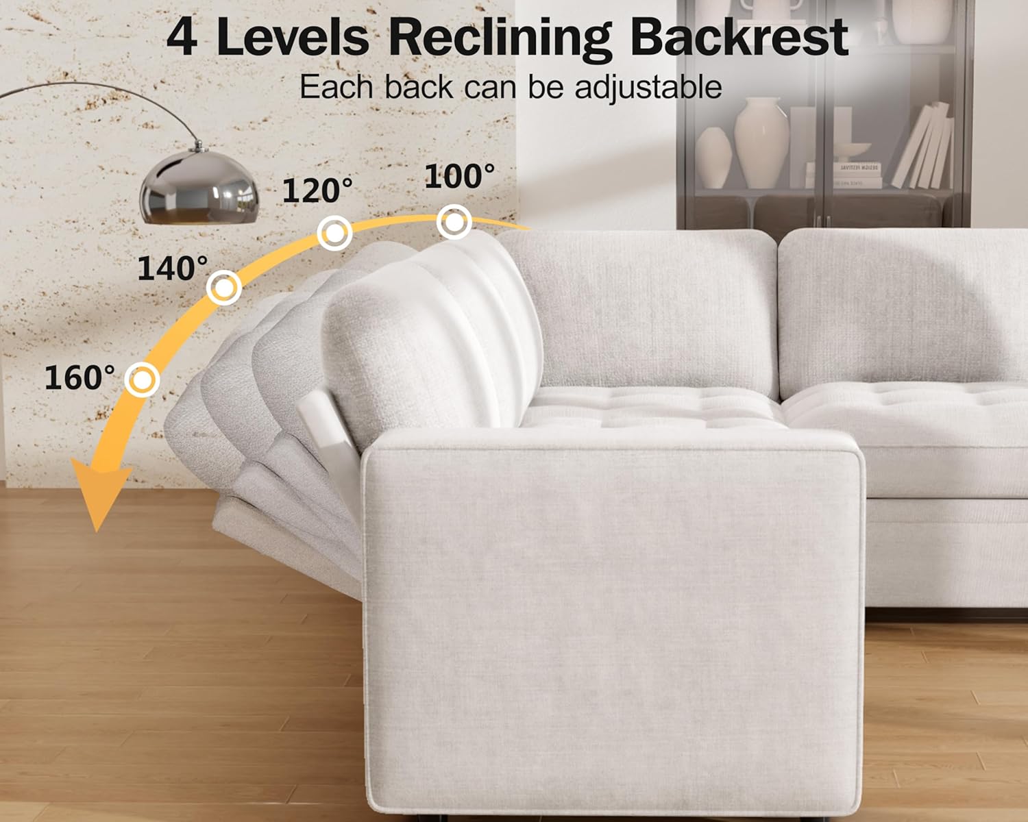 Vipbear 7 Seat L Shaped Modular Sectional Sleeper Sofa Bed with Ottoman/Pull Out Bed/Reclining Backrest/USB Ports/Table/LED Light/Storage Seat, Tool-Free Assembly, Chenille Beige Beige Sleeper Sofa-2