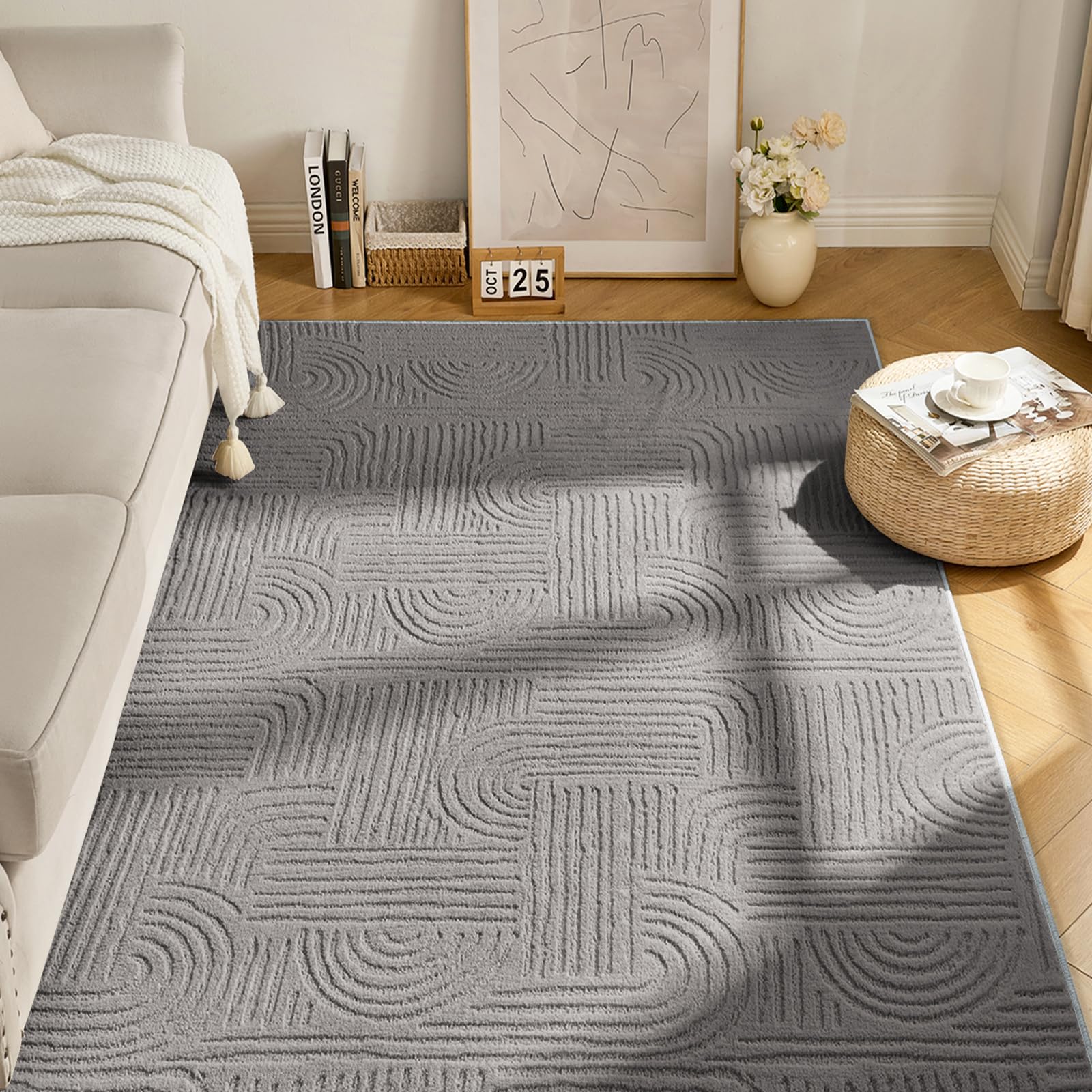 Ceneco Living Room Rugs Large 140x200cm,Grey Rugs for Bedroom, Machine Washable Non Slip Rug, 3D Geometric Short Pile Rug, Modern Shaggy Soft Carpet for Kids Beside Kitchen Office Lounge(Dark Grey) — image 1