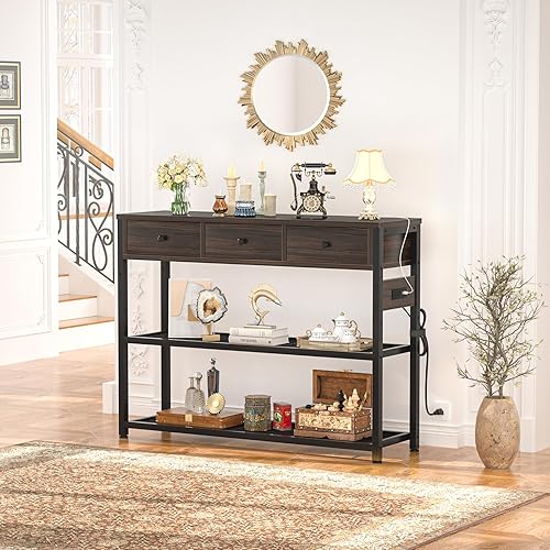 Miniatura 52 de Ecoprsio Mesa de entrada de 47 pulgadas con salidas y puertos USB, mesa consola con 3 cajones, mesa de sofá estrecha larga con estantes de Marrón