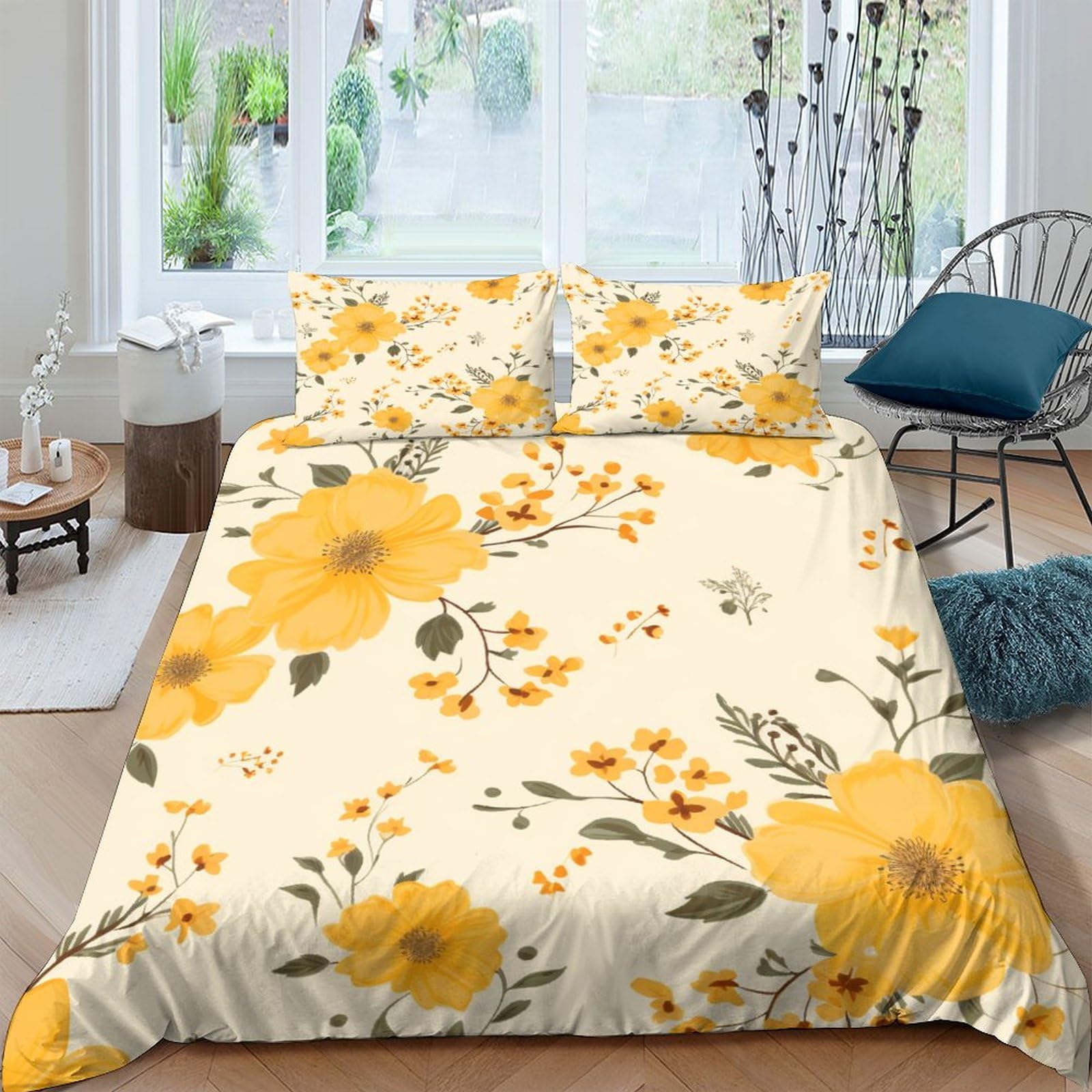 Ensemble de literie microfibre double 200x200 avec housse de couette fleurs jaunes lit