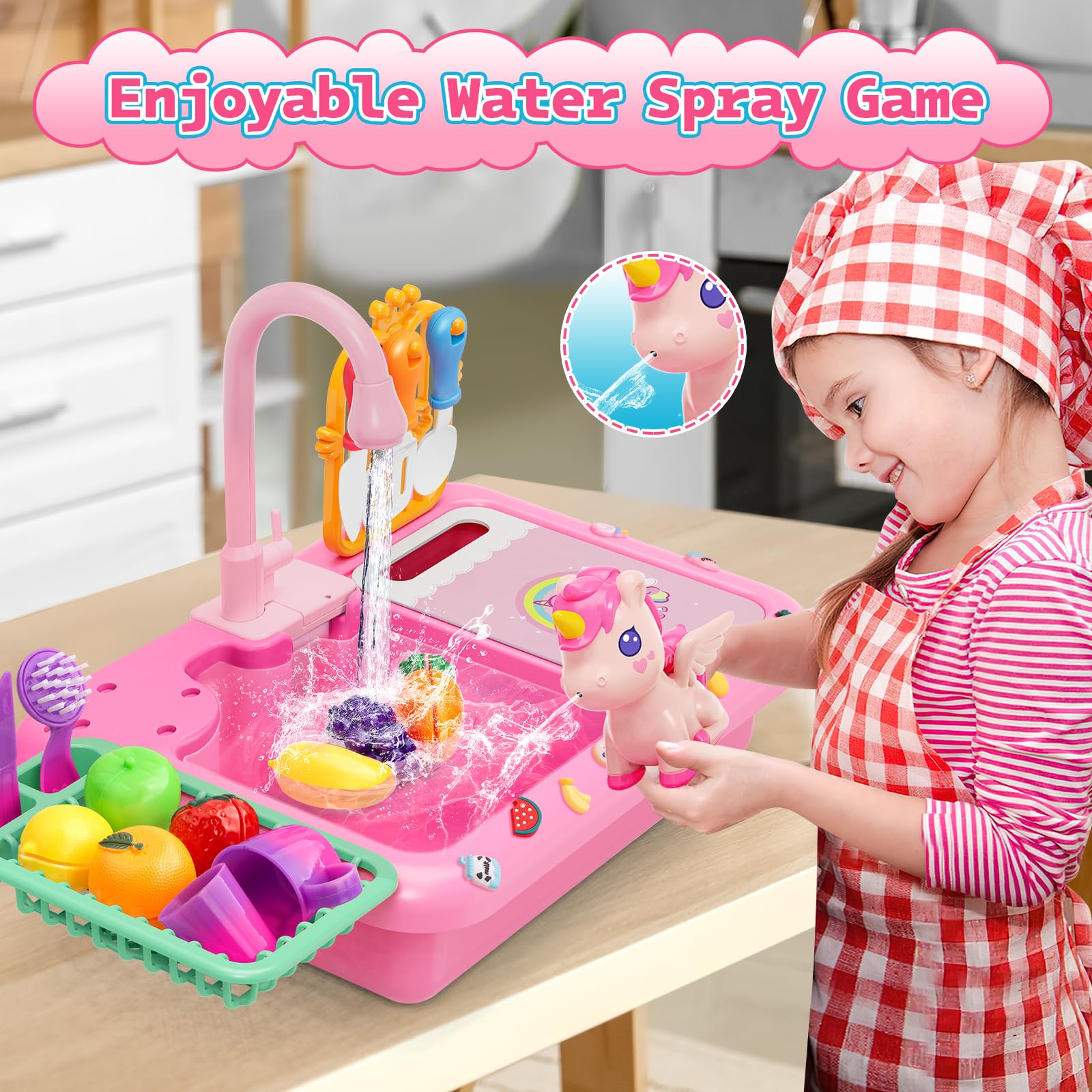 DeAO Pretend Play Kitchen Set, Play Sink Oven Stove With Lights Sounds, Cooking Stove And Play Sink Kitchen Toys Including 30 Food Accessories, Role