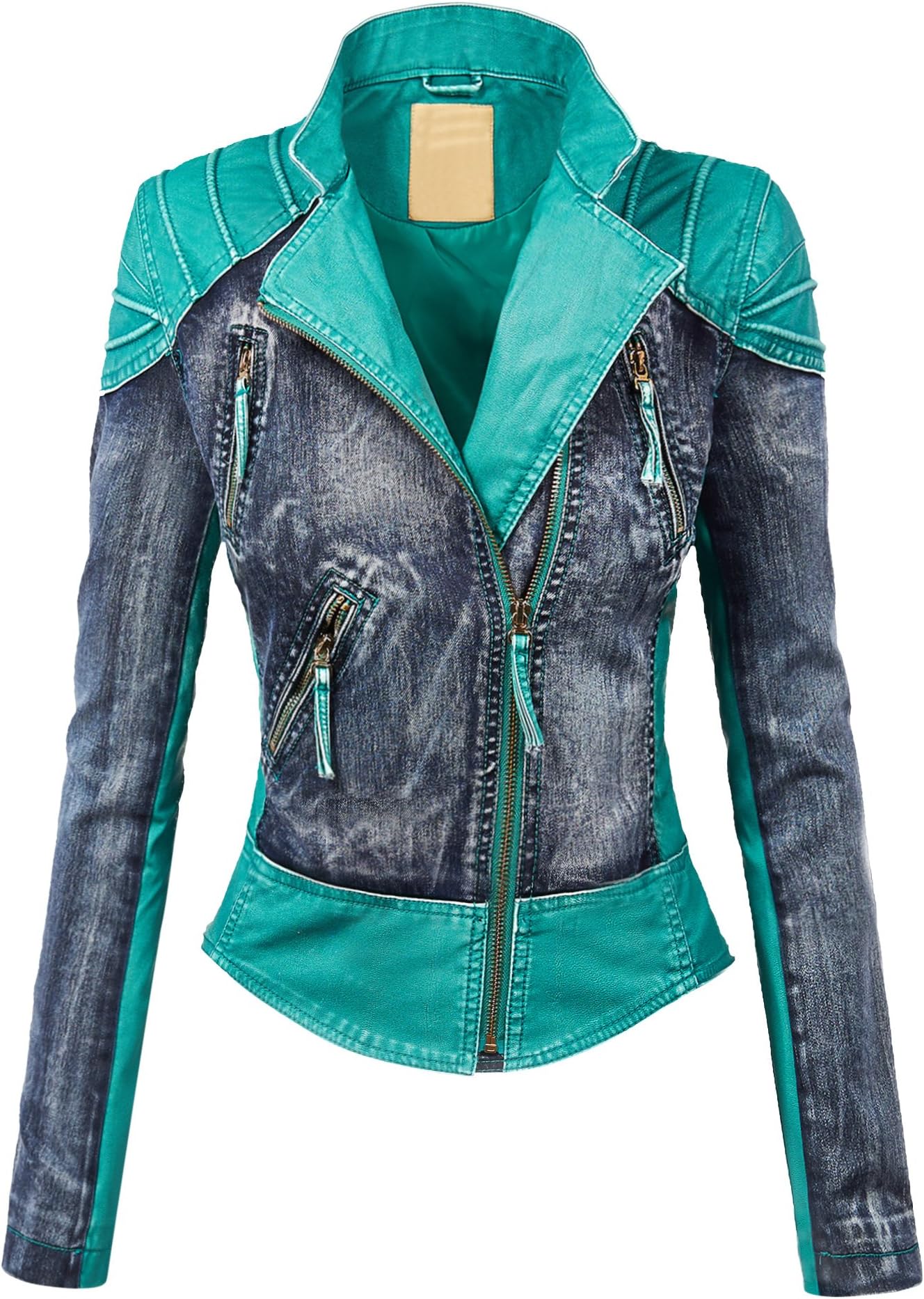 MK WJC1016 Womens Faux Leather Denim Motorcycle Jacket XS Turquoise