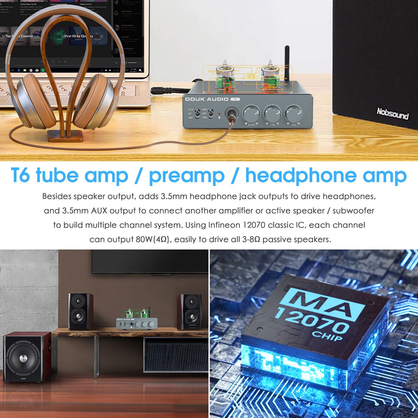 HiFi Bluetooth 5.1 Röhrenverstärker Tube Stereo Amplifier Audio Empfänger Röhren Kopfhörer Verstärker 80W×2