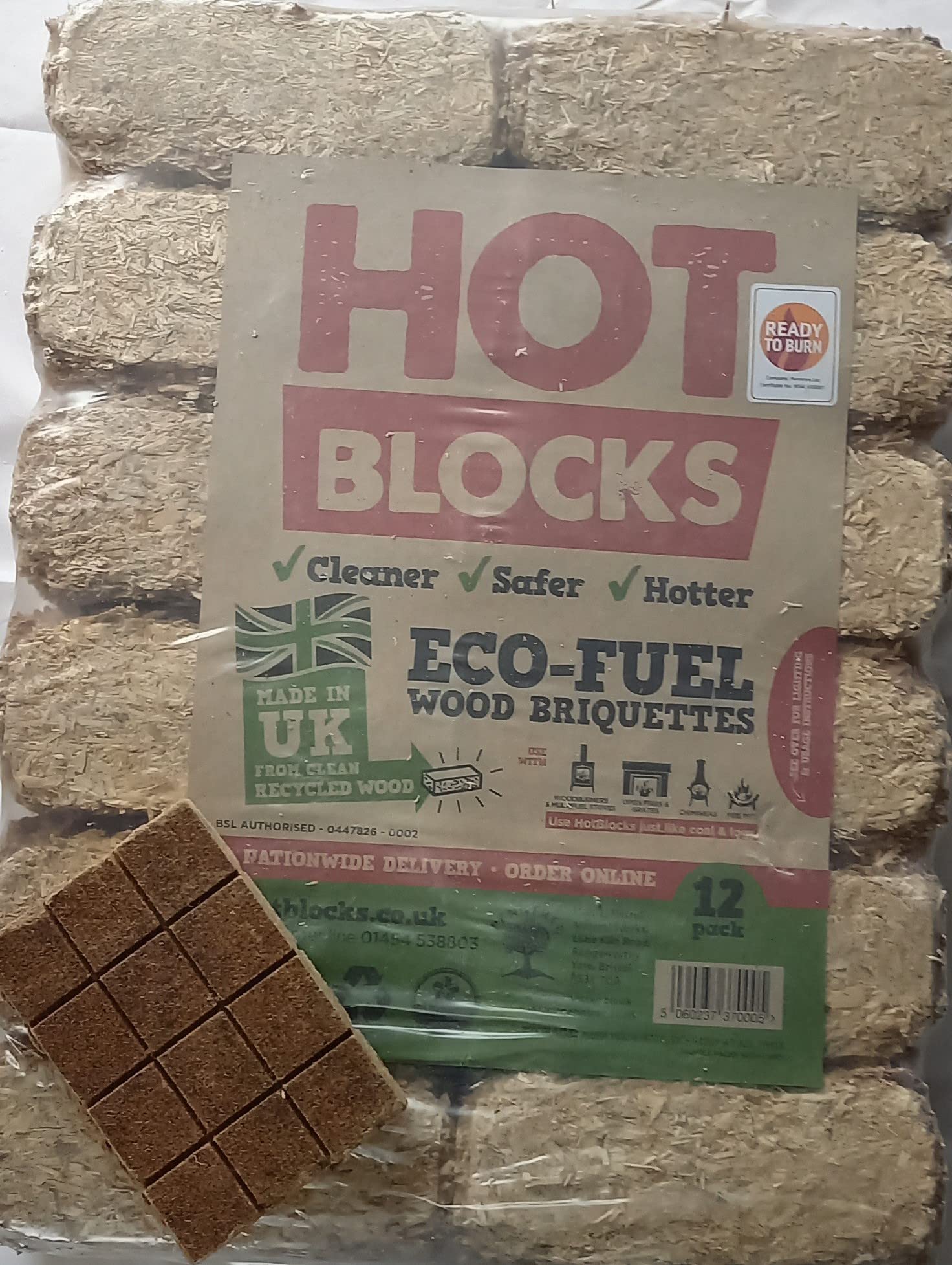 Starter pack - 12 Hotblocks Eco Wood Briquettes and 12 firelighter cubes- approx 10kg. A Great British Eco Fuel Product. Alternative to Kiln dried seasoned logs.