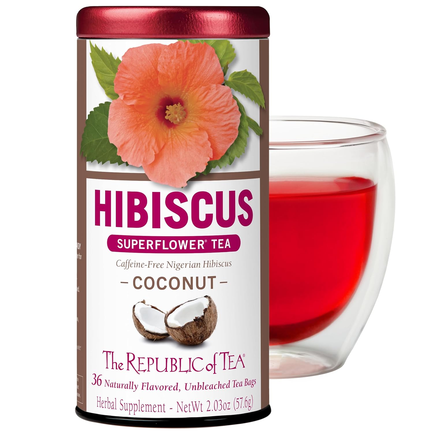 The Republic of Tea, Hibiscus Coconut Superflower Herbal Tea, 250 Tea Bag Bulk