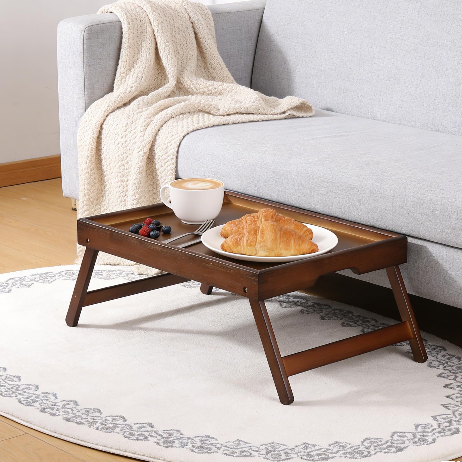 DAJAVE 2 bandejas de cama para comer, bandeja de desayuno con patas plegables, bandejas de bambú para sofá, comer, trabajar, se utiliza como bandejas de escritorio para aperitivos