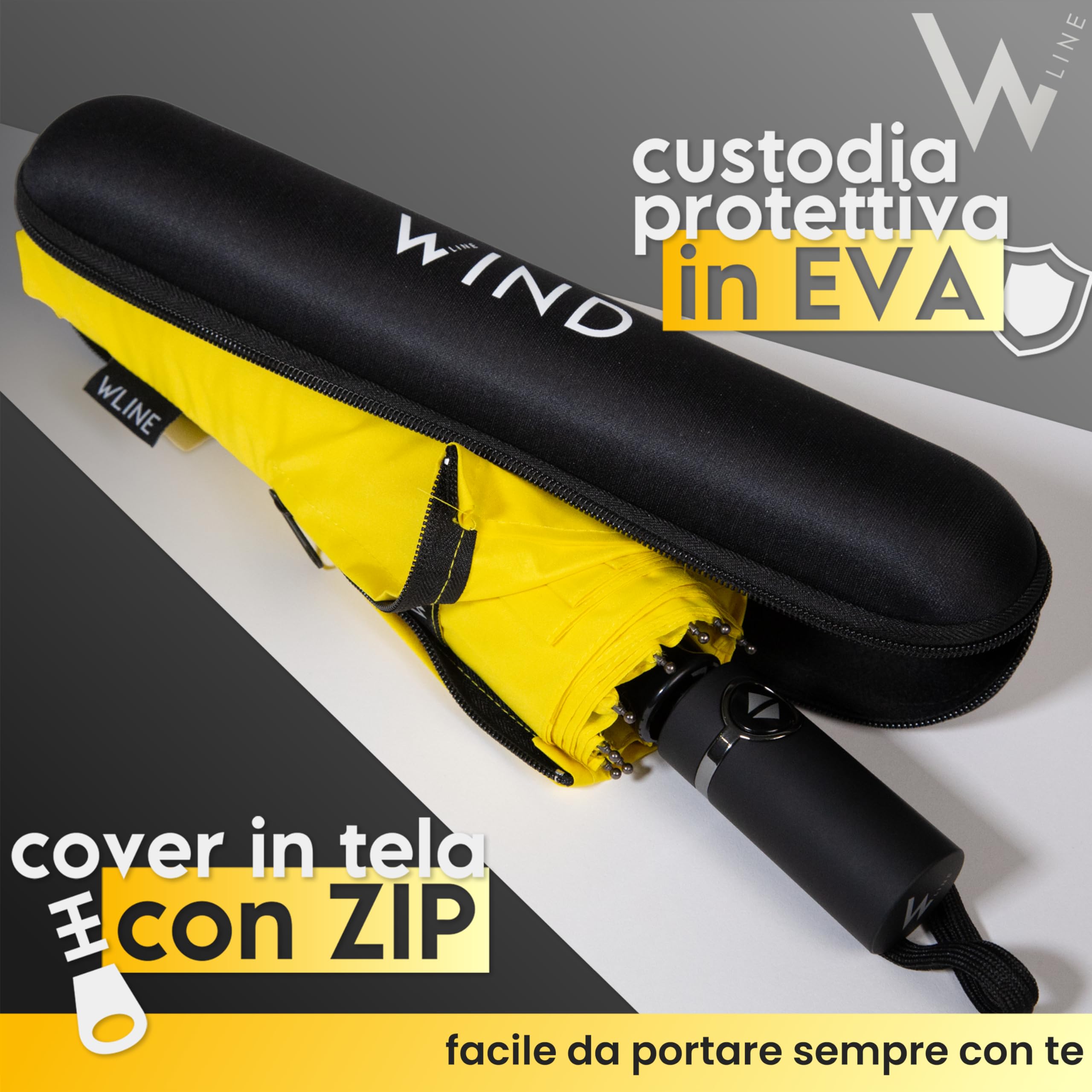WLine Wind Ombrello Pieghevole Antivento da Pioggia con Apertura e Chiusura Automatica, Stoffa Teflon, Struttura Ultraresistente, Diametro 104cm (Giallo con Custodia)