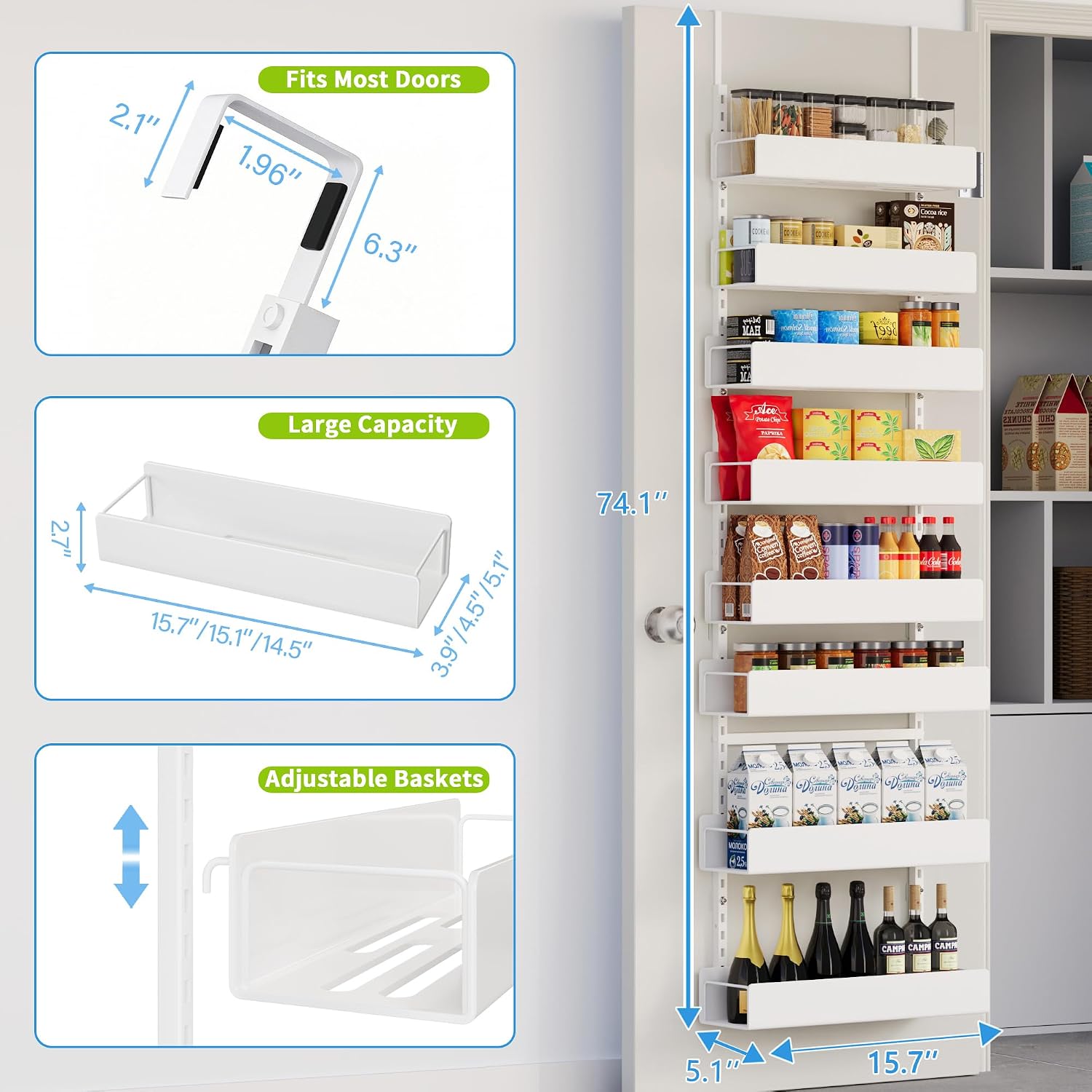 8-Tier Over Door Pantry Organizer, Metal Hanging Storage Rack for Kitchen Bedroom White