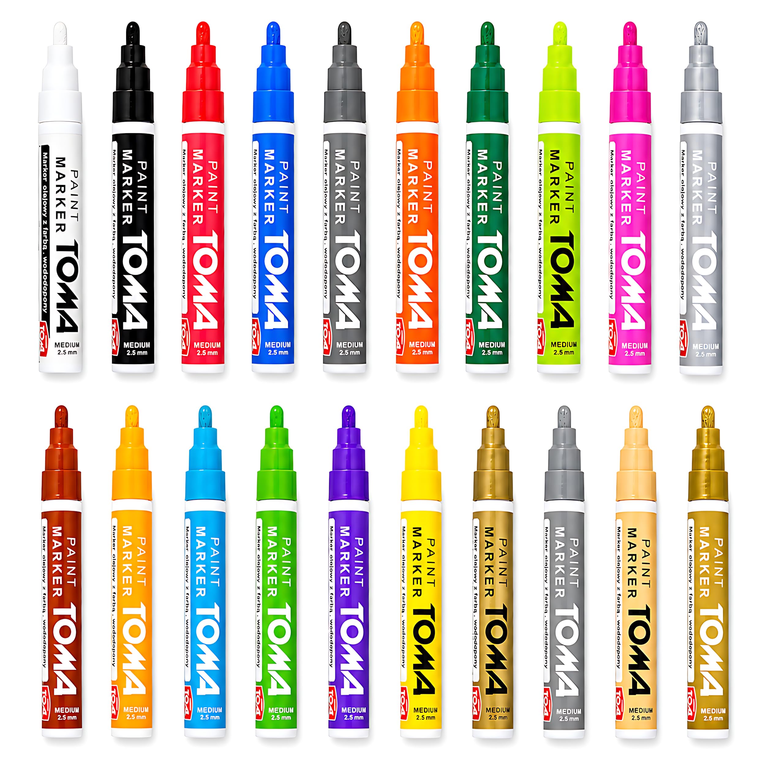 20 Colours Set of Oil-Based Paint Marker Pens Permanent - 2.5mm Round Tip, Fast-Drying Waterproof Ink - Universal for Metal, Tyres, Plastic, Wood, Glass, Outdoor Marking, Workshop, Art, Crafts, DIY