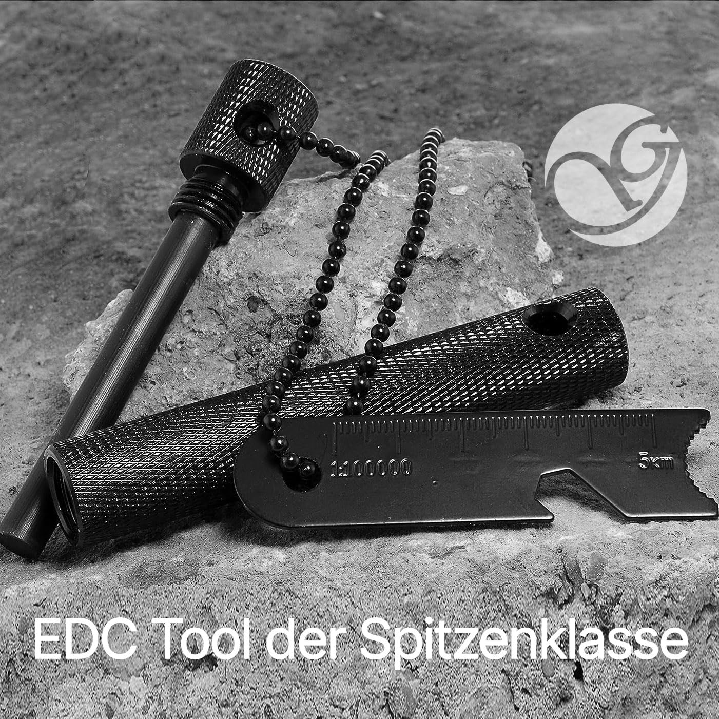 Ganzoo acciarino da esterno in magnesio con custodia alluminio CNC, nero, set con compasso e fischietto, utensile in acciaio per scintille e raschiatura con apribottiglie e righello 5cm, 120x17x17 mm