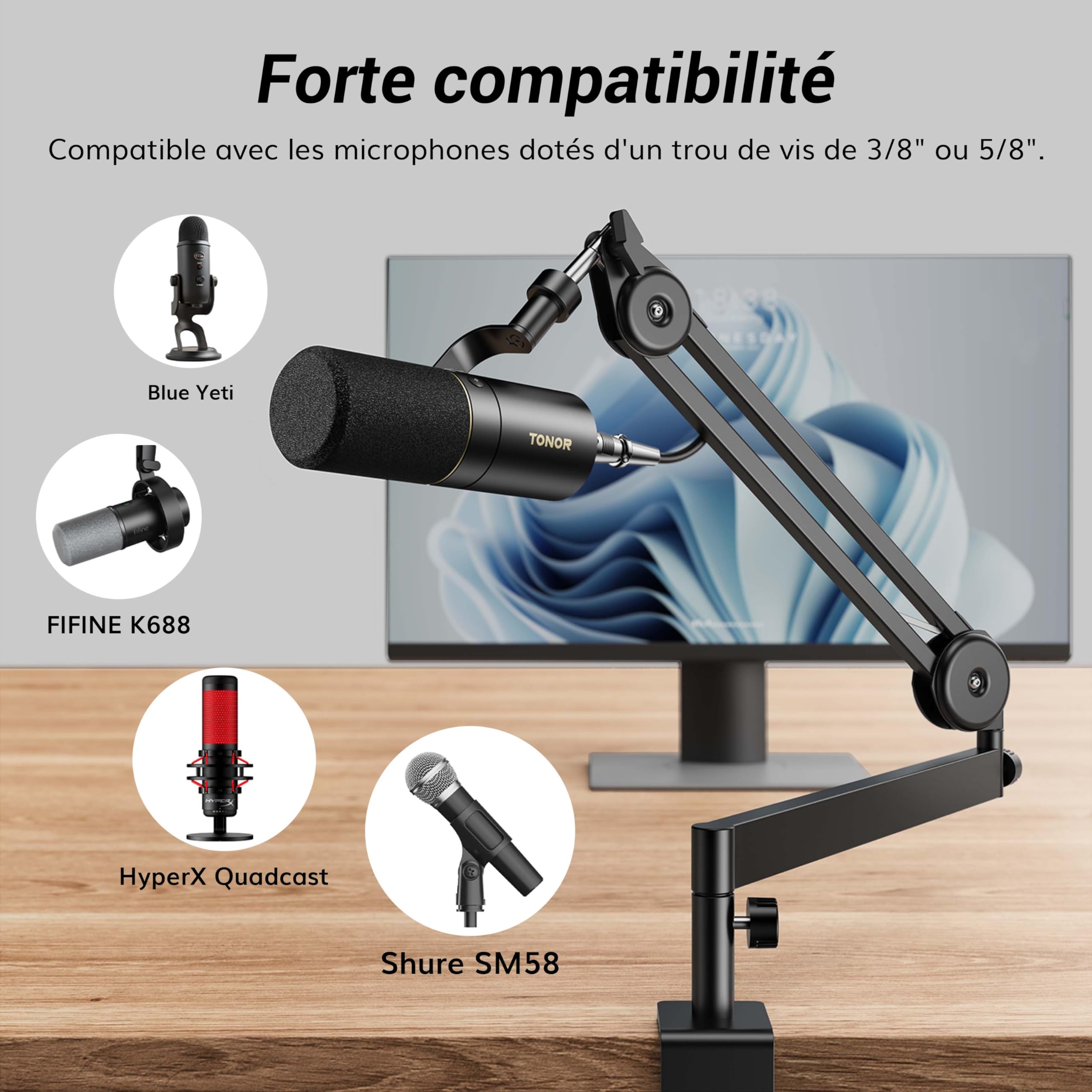 TONOR Bras de micro à Profil Bas, Support de Micro Entièrement Réglable avec Pince de Fixation, Adaptateur de Vis, Gestion des Cables, pour Streaming/Jeux/Podcasts, 37 cm +37 cm, T40LP, Noir