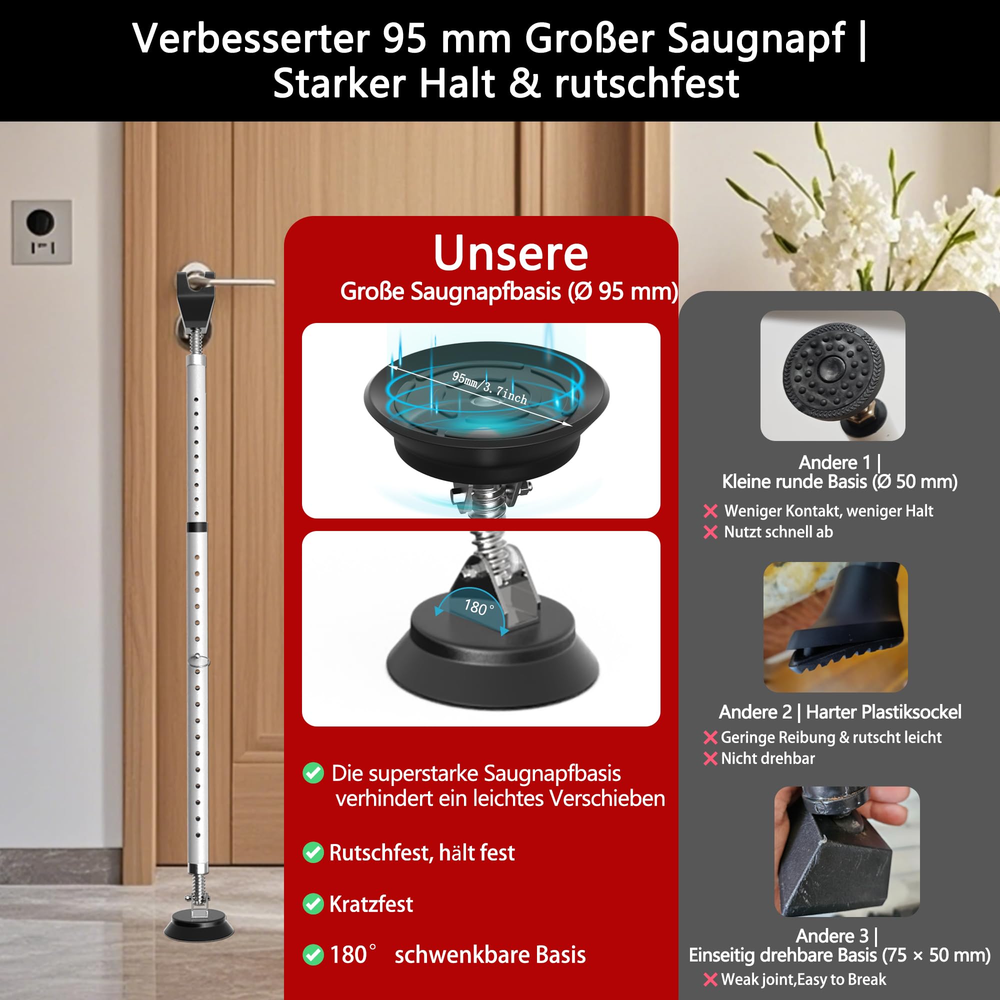 3-H 2X Türsicherung Einbruchschutz ohne Bohren,Teleskopstange 77-122cm,Weiß | Klemmstange aus Stahl mit Tragetasche, Sicherheitsstab für Haus- Wohnungs- Terrassen- und Schiebetüren als Türverriegelung