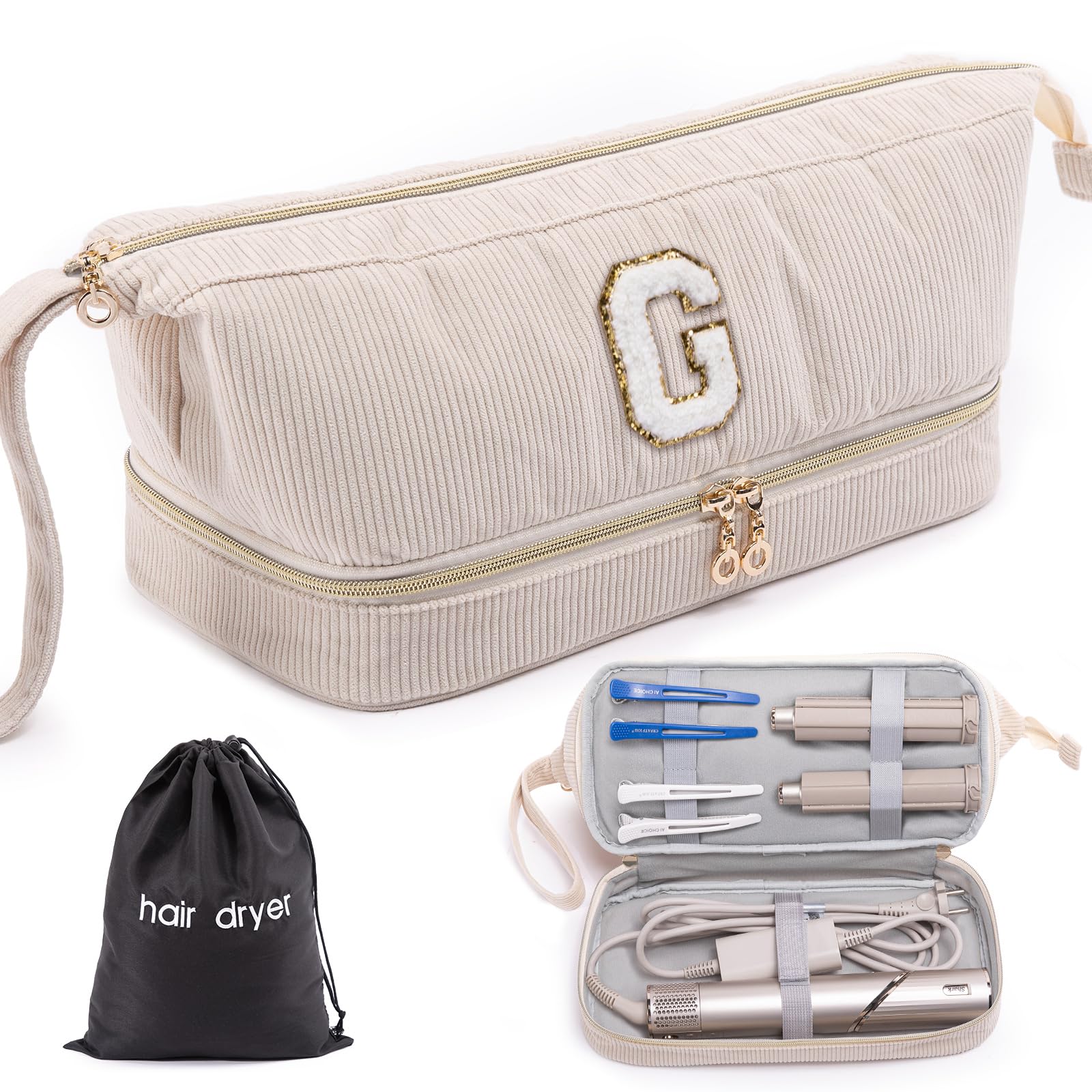 Estuche para secador de pelo personalizado con inicial, estuche de transporte de doble capa para herramientas de pelo Shark FlexStyle/SmoothStyle con bolsa para secador de pelo, organizador de viaje