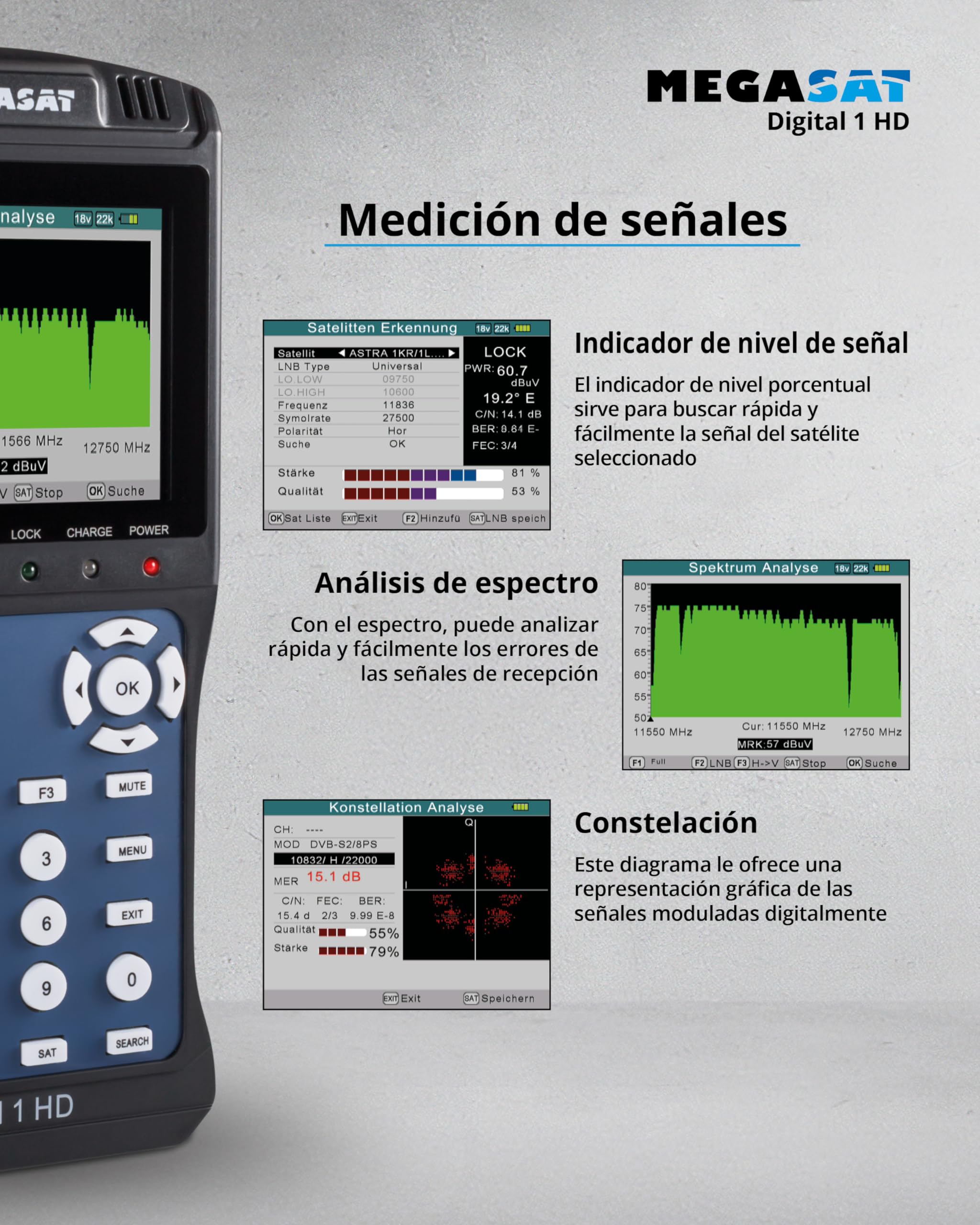 Megasat Digital 1 HD – Medidor de señal satélite, Imagen de TV en Directo | Para DVB-S & DVB-S2, pantalla a color de 3,5", Unicable, batería