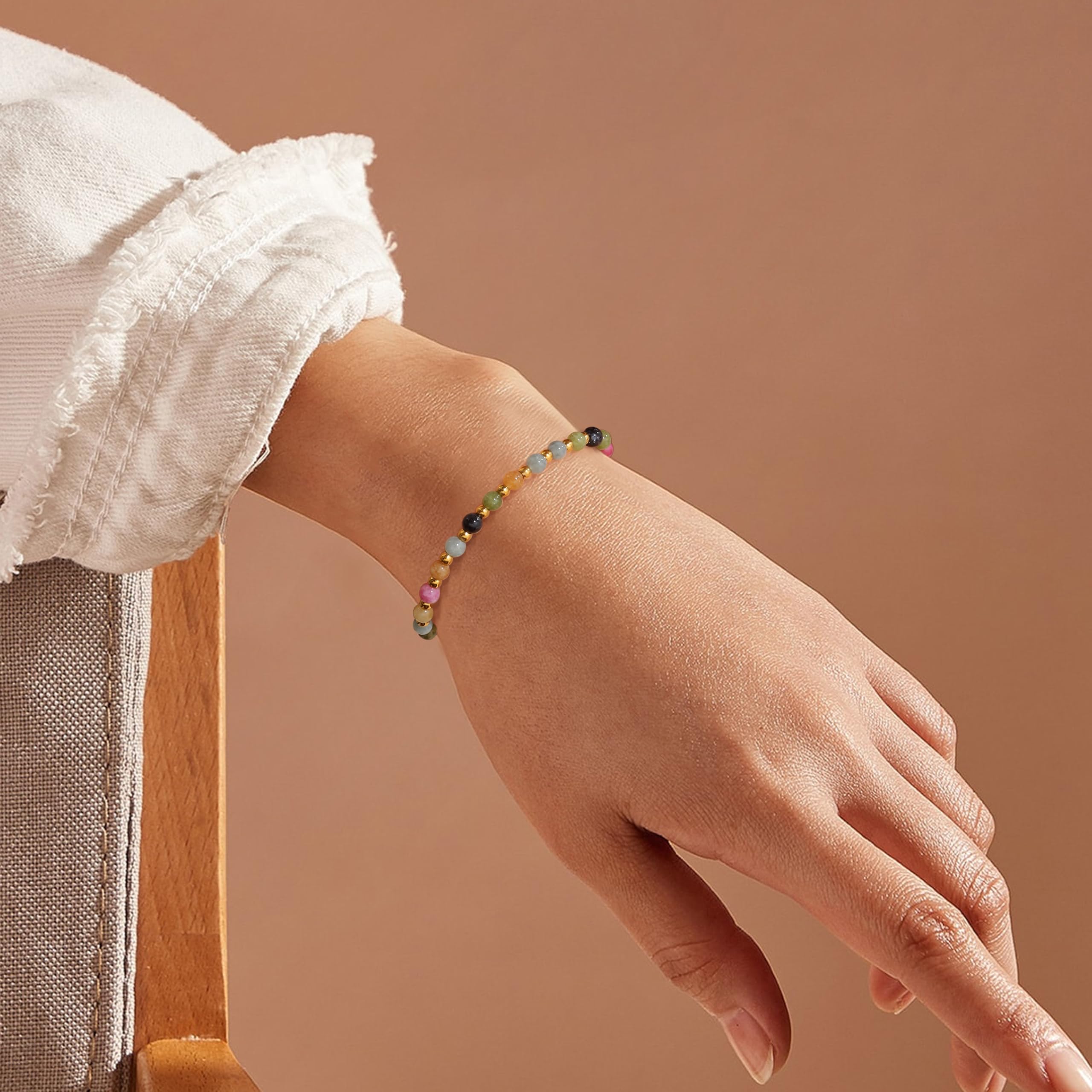 YCTTKDD Pulseras de Cuentas para Mujeres y niñas: Piedra Natural de 5 mm, Cuentas de Acero Inoxidable de 3 mm, joyería Boho de Cristal chapada en Oro Ajustable con Caja de Regalo