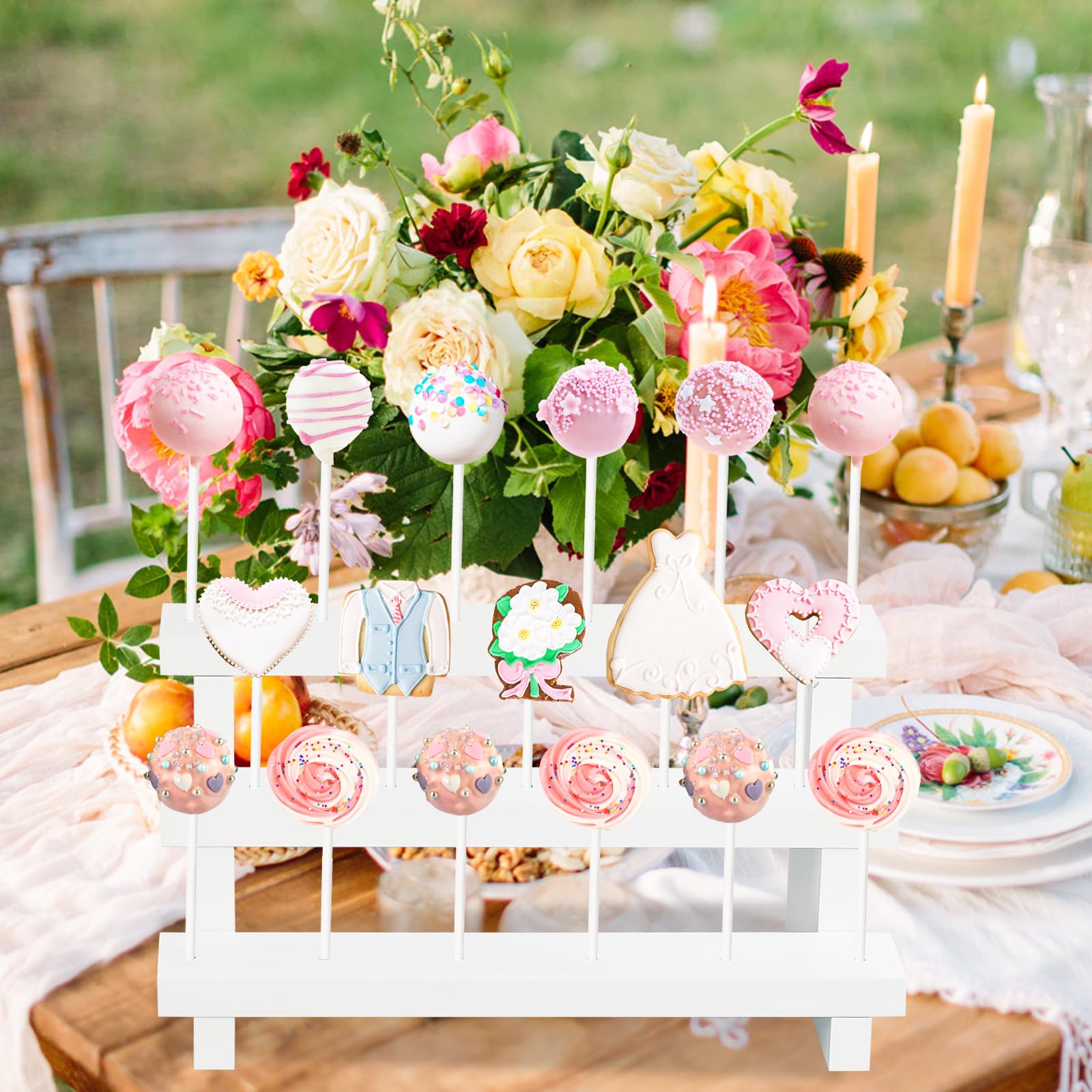 Soporte para piruletas de madera, soporte para tartas, 3 niveles, expositor de 17 agujeros, soporte Lollipop Holder Stand para tartas, fiestas, cumpleaños, bodas, Navidad