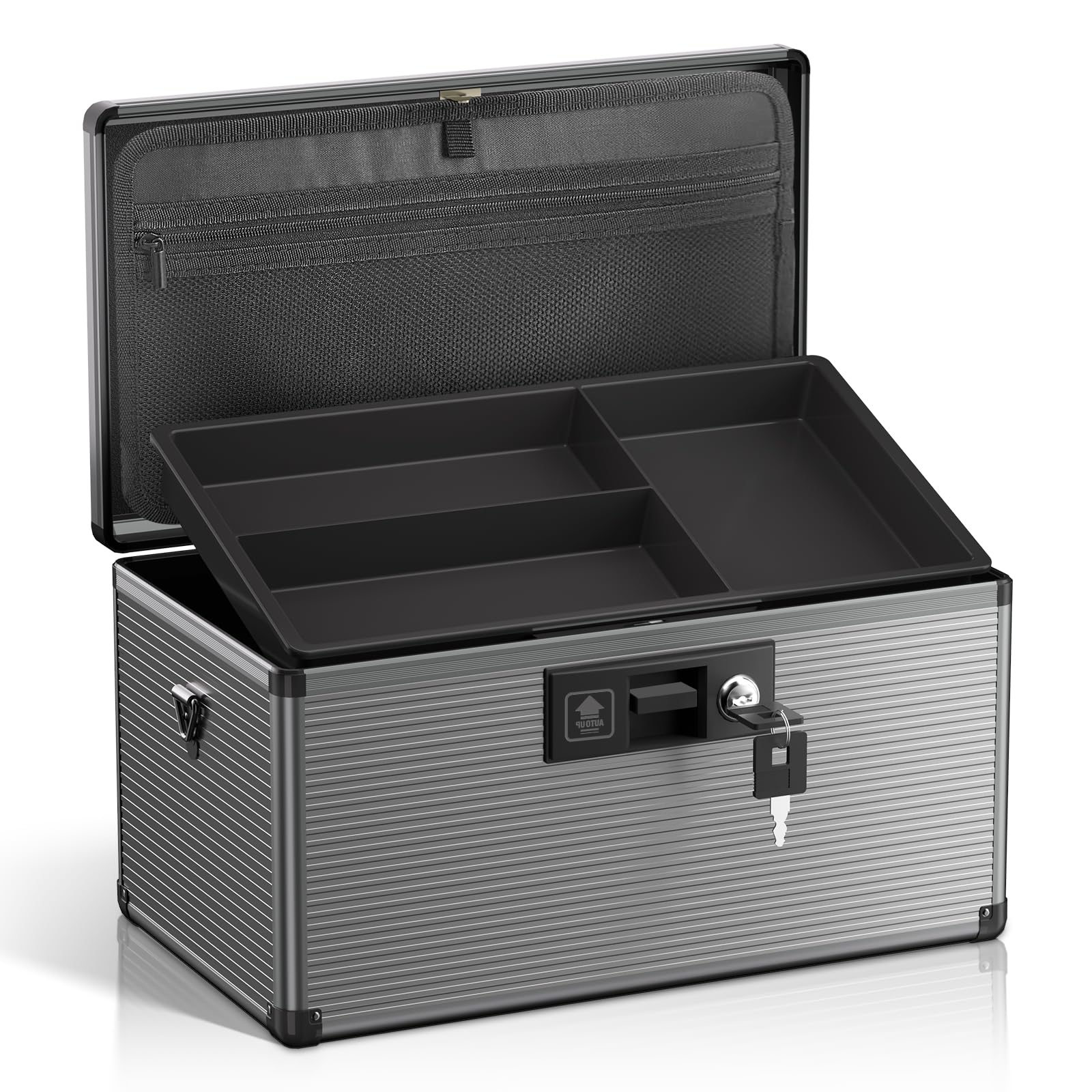 Photo 1 of Lockbako Medicine Lock Box with Key, Alluminum Alloy Box for Medication,First Aid Box with a Removeable Tray to Store Medicines & Pills for Home&Travel, Black, 14 * 8.46 * 7.48 Inch