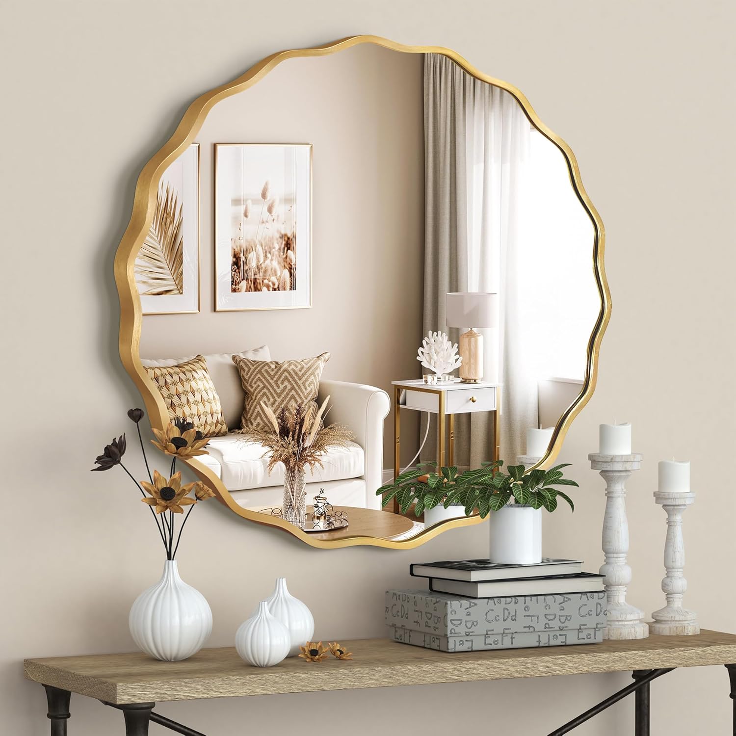 Gold Round Mirror for Wall, 32"x32" Decorative Wavy Bathroom Mirror with Brushed Alloy Steel Frame & Shatter-Proof Glass, Hanging Circle Wall Mirrors for Bathroom, Entryway (Gold, Large)