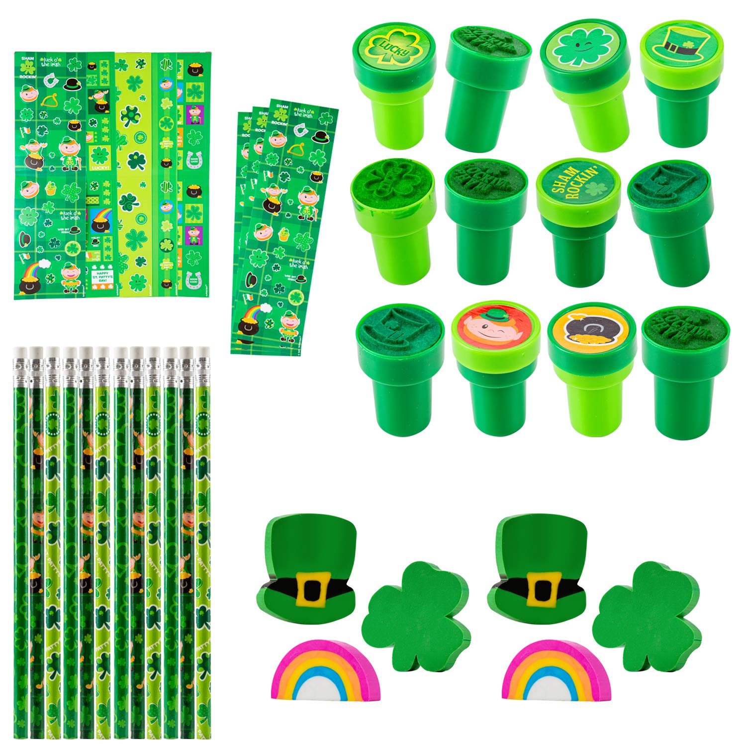 Favonir St. Patrick’s Day Stationery Set for Kids – Saint Patrick Day Irish Stationery 48-Piece Kit with Stampers, Stickers, Pencils, and Erasers – St. Patty’s Day Party Favors for Boys and Girls Product Name
