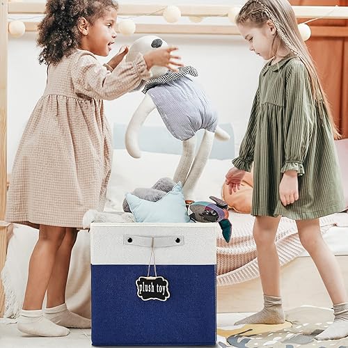 Miniatura 3 de Contenedores de almacenamiento grandes de lino plegables de 13 x 13 x 13 pulgadas, paquete de 4 unidades, con asas de algodón, para estantes de