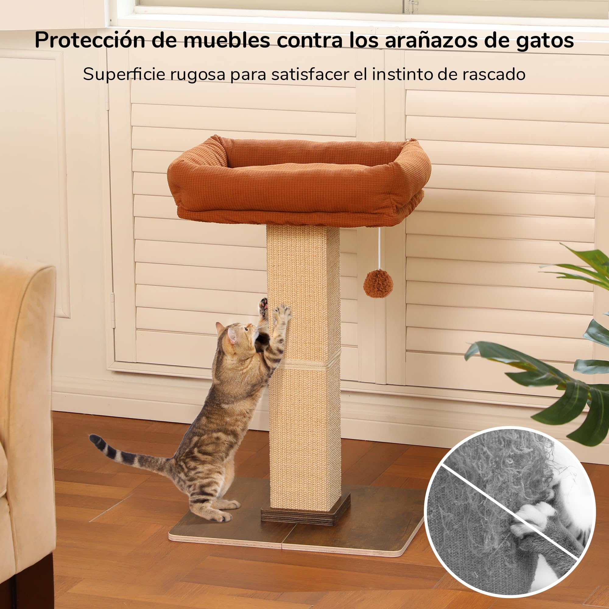 FUKUMARU Rascador para Gatos, árbol rascador de Estilo Retro con Plataforma para Gatos Adultos de Interior, Columna rascador con Cama, sisal Natural y Madera Maciza.