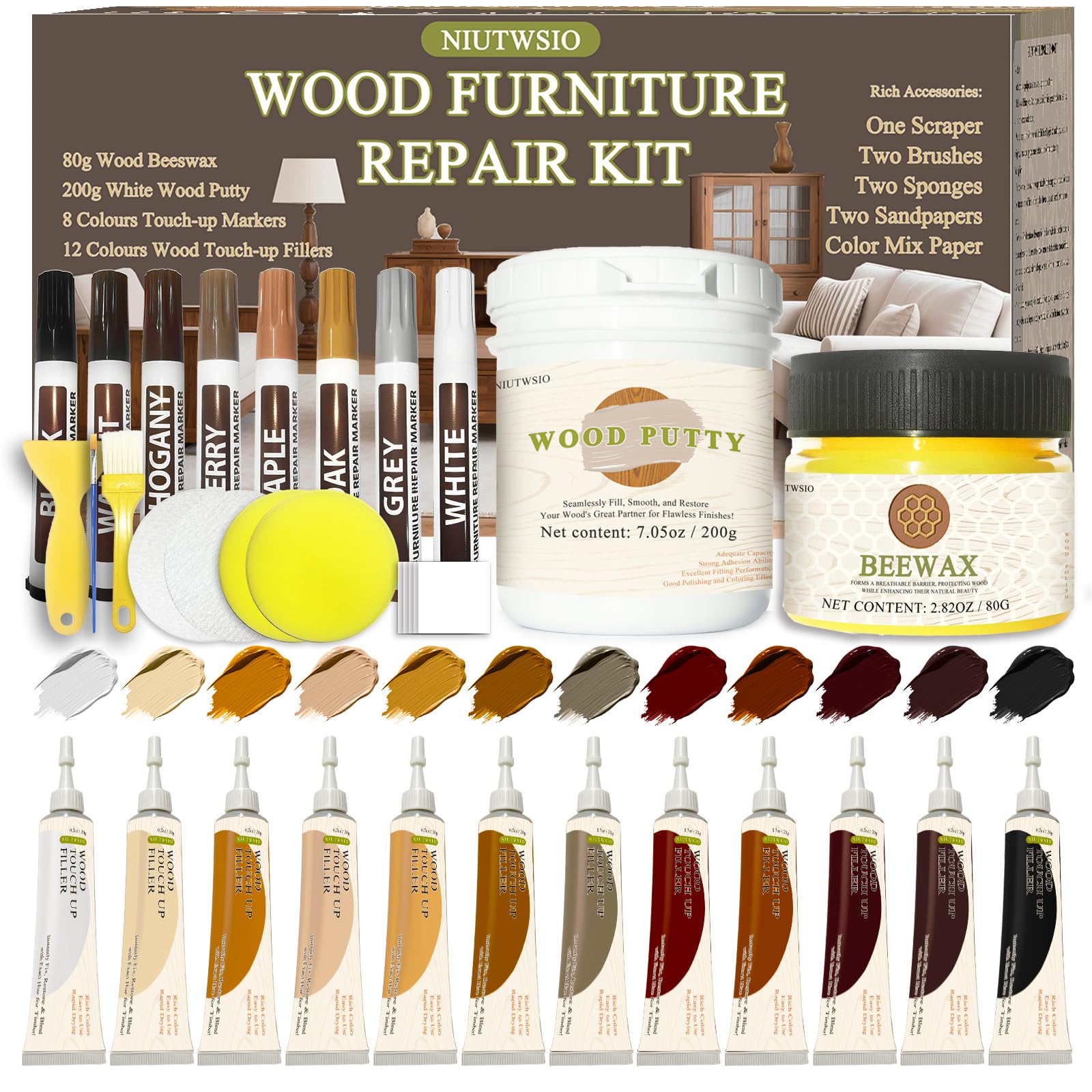 Wood Furniture Repair Kit - Set of 34 - Laminate Floor Repair Kit with Wood Putty 12 Colors