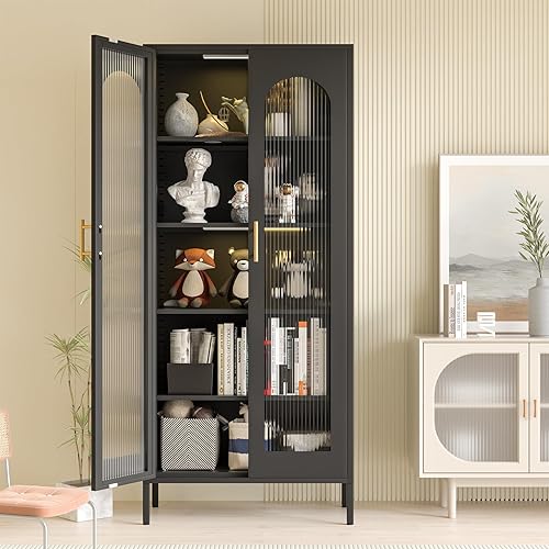 Miniatura 6 de Gabinete de almacenamiento de metal, gabinete de despensa de cocina de 71 pulgadas con puertas de cristal, gabinete alto con puertas y estantes,