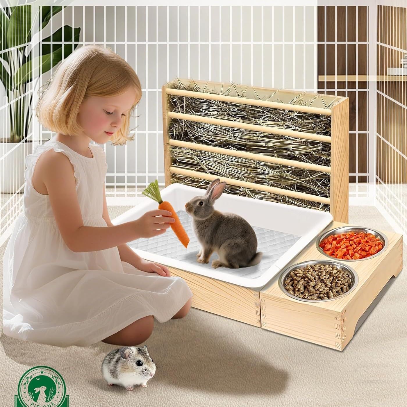 Râtelier à foin pour lapins, cochons d'Inde avec 2 gamelles, distributeur de nourriture 3 en 1 en bois pour cochons d'Inde