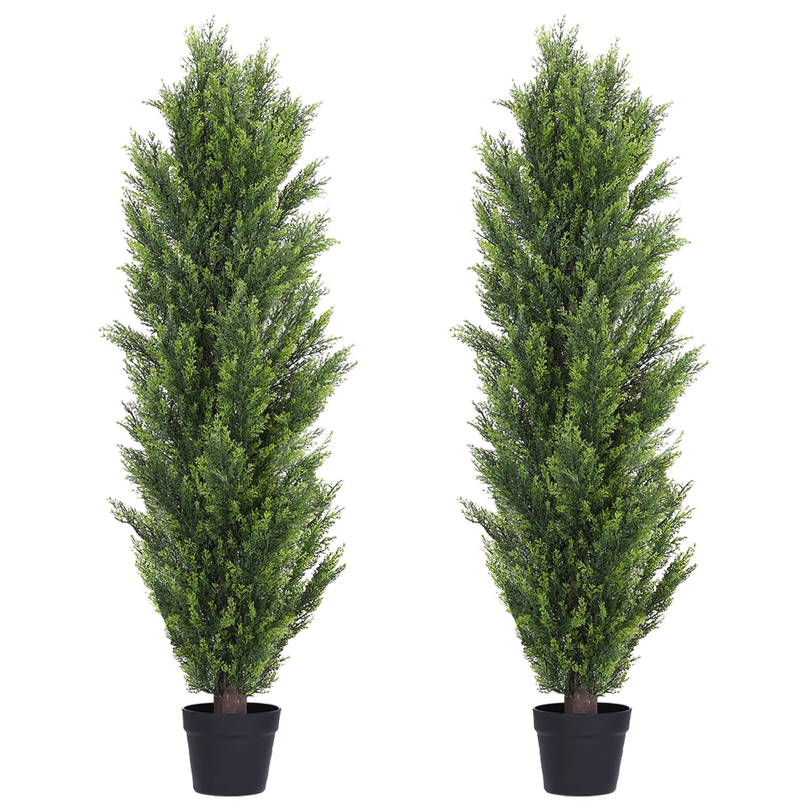 the bloom times artificial topiary cedar trees outdoor 5ft tall 2 set, realistic faux pine cypress shrubs bushes, uv resistant large fake evergreen plants for front porch outside planter decor 5 foot