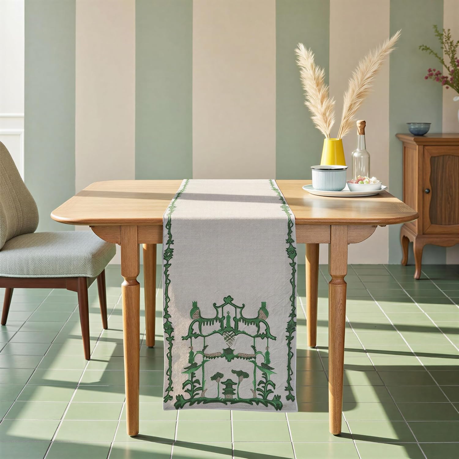 Creative Co-Op Woven Cotton Slub Printed Table Runner with Embroidery, Cream and Green