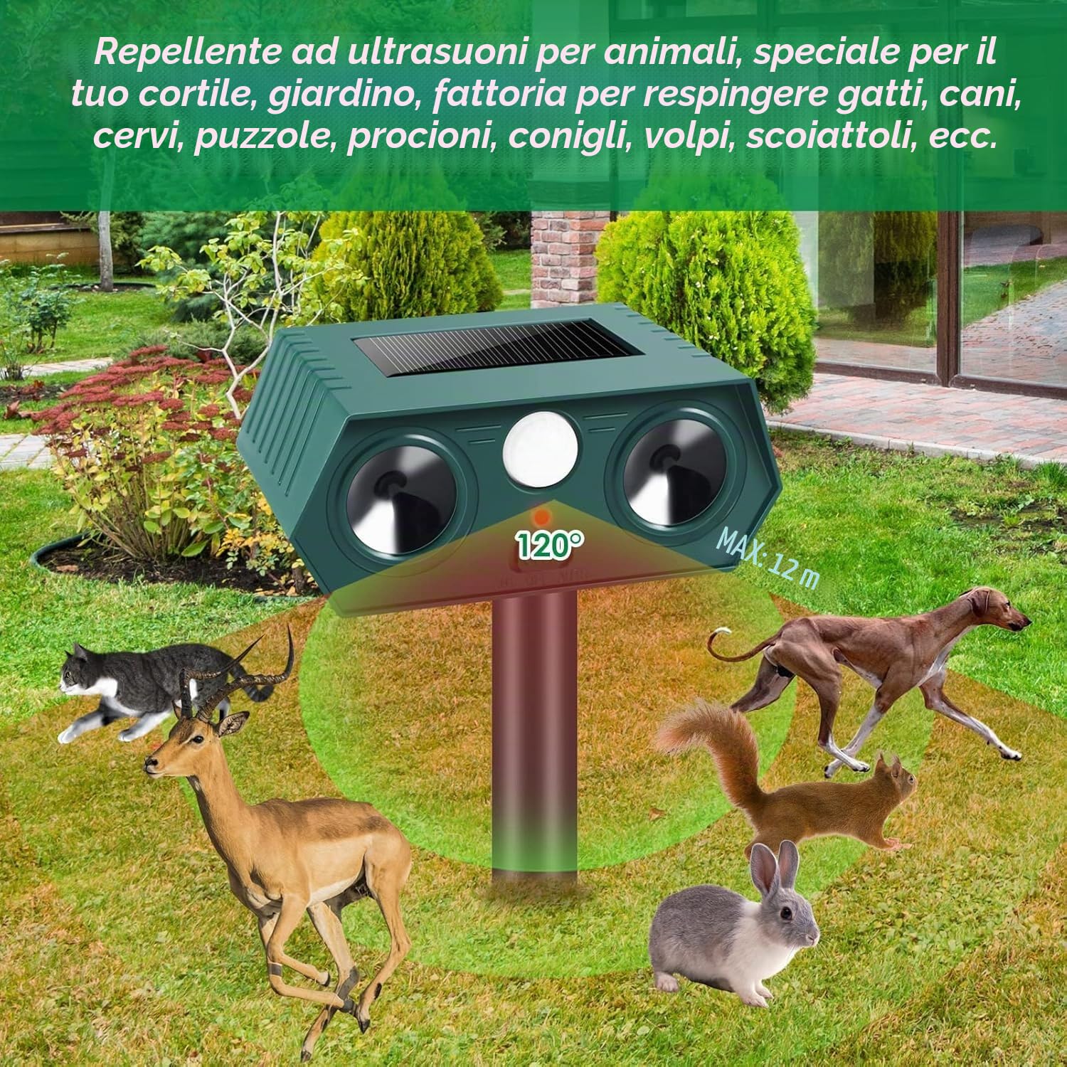 2 Pezzi Repellente per Gatti,Ultrasonico Solare Alimentato Animale Deterrente, Impermeabile,Deterrente per uccelli,Dissuasori per Piccioni,Efficace Contro Gatti, Cani, Uccelli, Martore, Volpi, Ratt