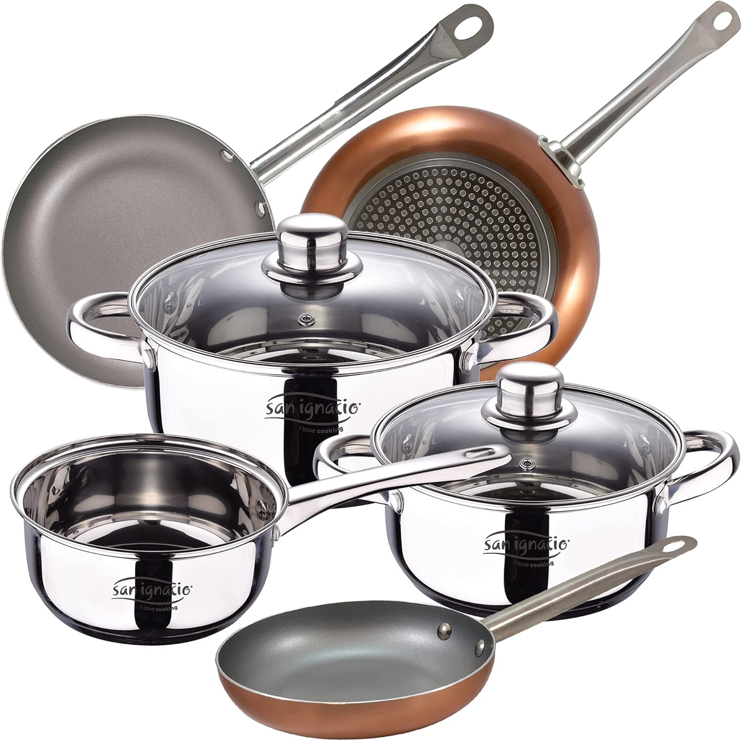 SAN IGNACIO Cassel, 5-Piece Stainless Steel Cookware Set with Frying Pans (18/22/26 cm) SAN IGNACIO Optimum Plus in Pressed Aluminium