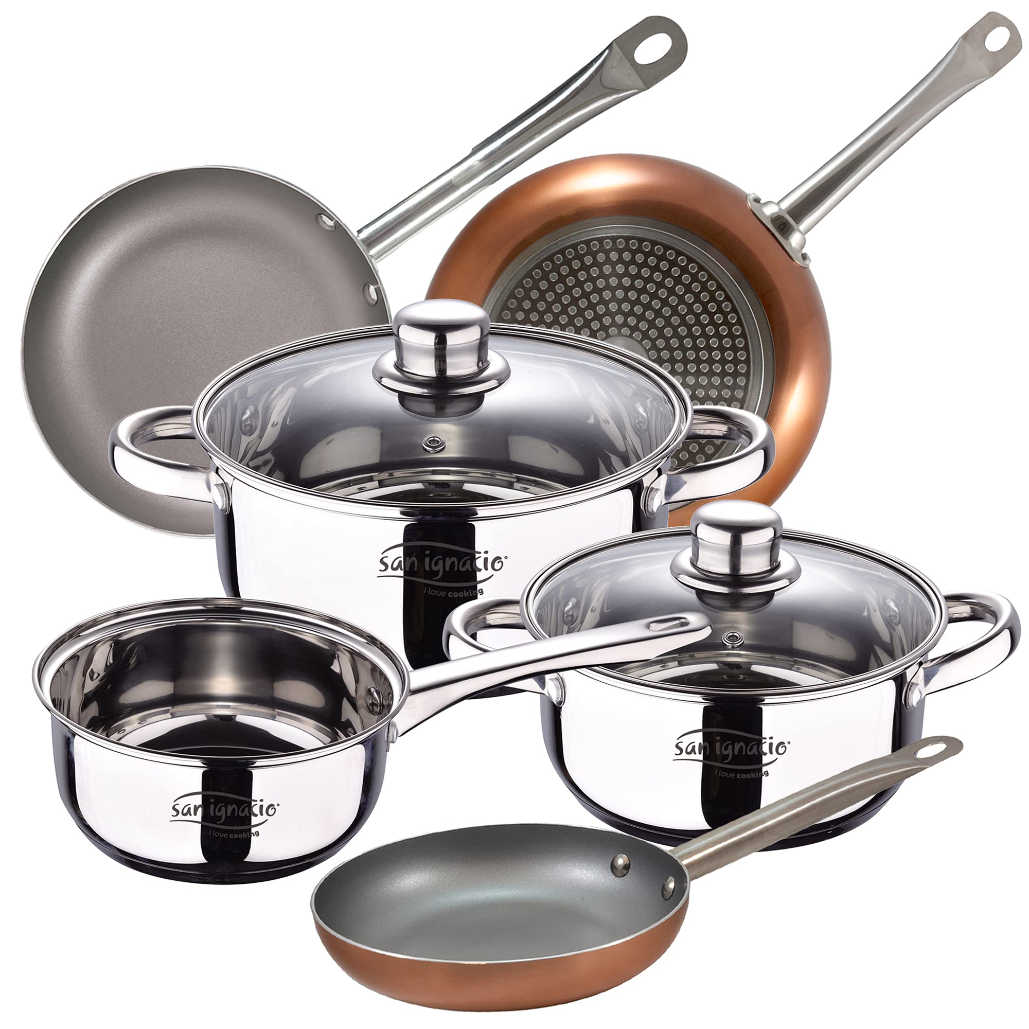 Bateria kuchenna 5 sztuk SAN IGNACIO Cassel, stal nierdzewna, zestaw patelni (18/22/26 cm) SAN IGNACIO Optimum Plus z tłoczonego aluminium