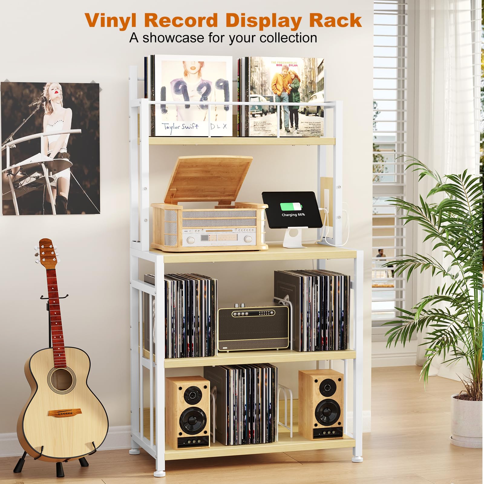 EasyCom Supporto per giradischi con contenitore in vinile, supporto per giradischi può contenere fino a 300 album, grande tavolo per giradischi con stazione di ricarica, supporto per dischi in vinile