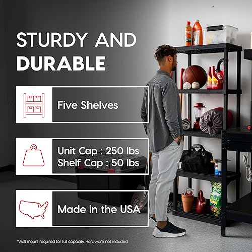 Miniatura 4 de IRIS USA - Estantes de almacenamiento de plástico ligero de 5 estantes, capacidad de 250 libras, 64 pulgadas de alto x 24 pulgadas de ancho x 12