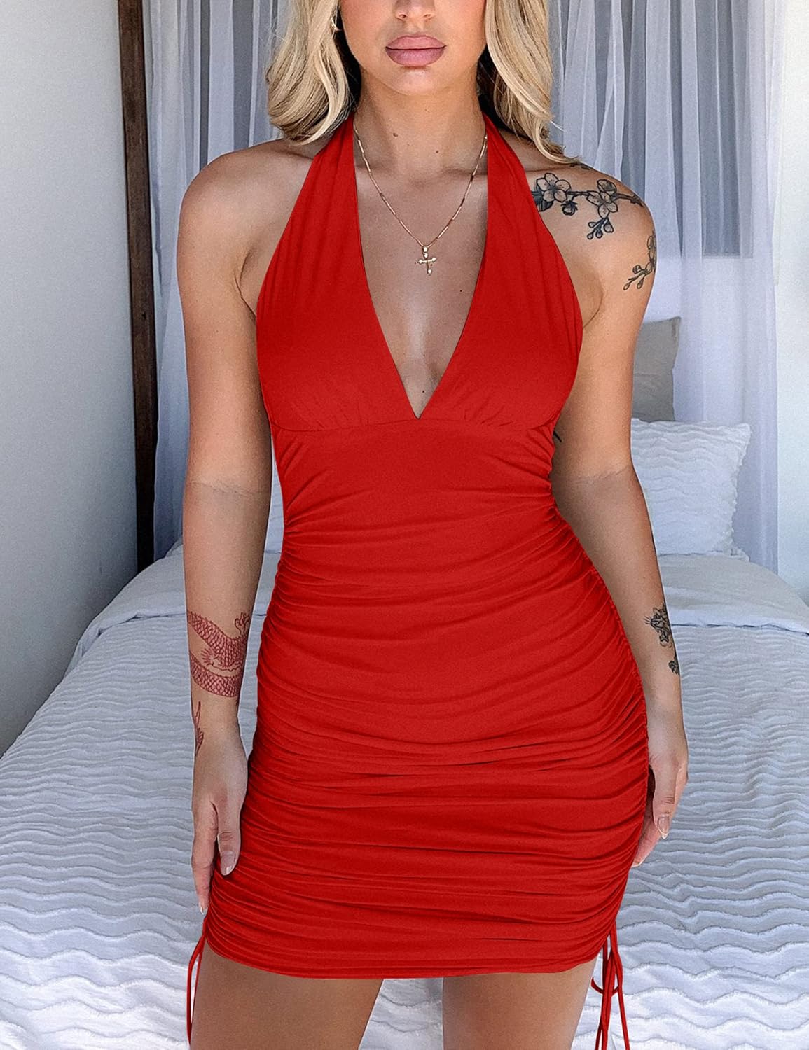 HOCILLE Women's Sexy Halter Bodycon V Neck Backless Ruched Drawstring Mini Club Party Dresses - Image 6