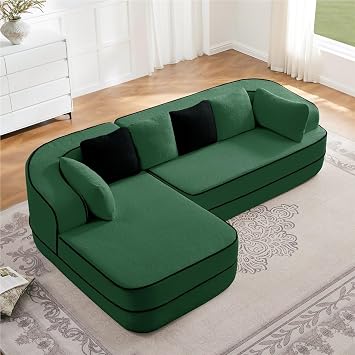 106" L Shaped Boneless Couches for Living Room, Cloud Couch with Contrast Color Design, Modular Sectional Sofa with Deep Seat, Comfy Teddy Sofa No Assembly RequiredGreen,Left Facing Chaise