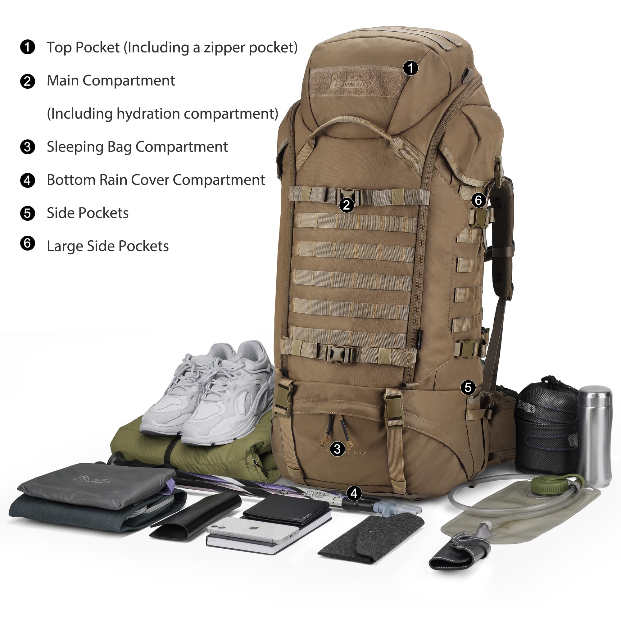 Mardingtop 90 l duży plecak męski plecak trekkingowy z systemem Molle, 90L khaki, L, Taktyczne