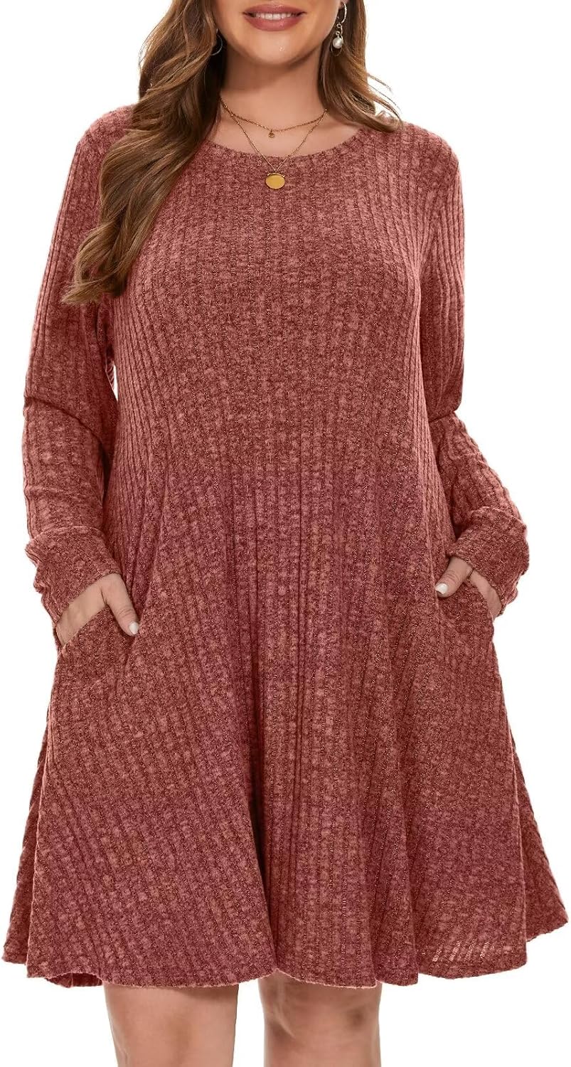 BELAROI Sweater Dress Plus Size Long Sleeve Ribbed Knit Crew Neck Casual Flowy Swing Tunic Pockets Dresses Fall Winter Oufits